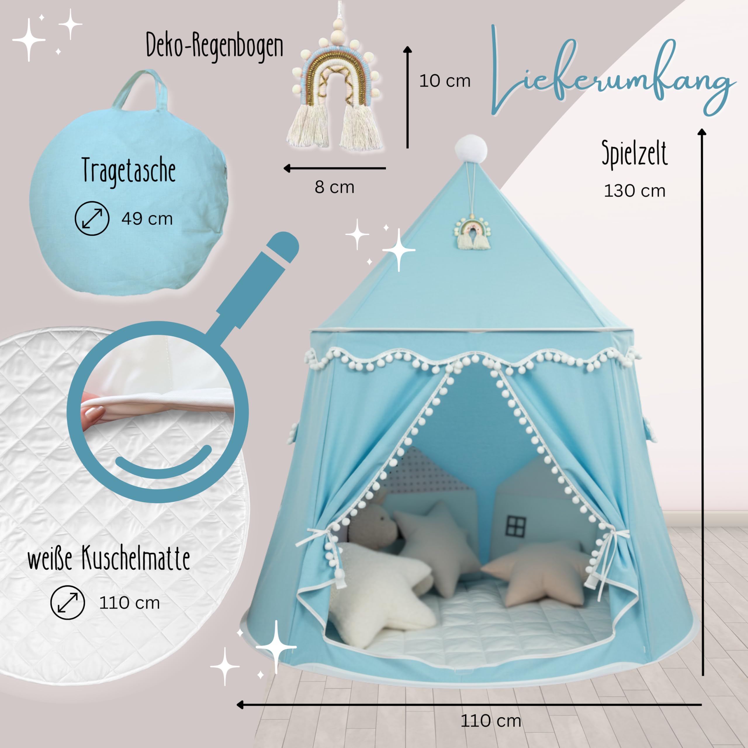 LIONHERZ® De originele speeltent voor kinderen, ademend, van katoen en hennep, prinskasteel met glasvezelstangen, tas, mat en decoratie, stabiele tipi voor jongens, voor binnen (hemelsblauw, met