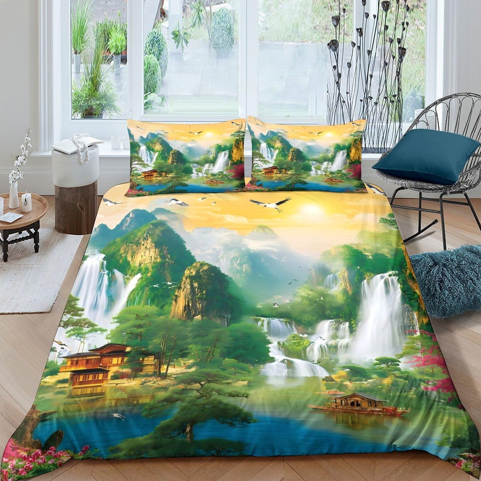 Ctjqhvkz Style-3 3D Printed Mountain Waterfall Fitted Sheet Microfiber Scenic Sunrise Bed Cover For Bedroom Dorm Easy Care Single（135X200cm）