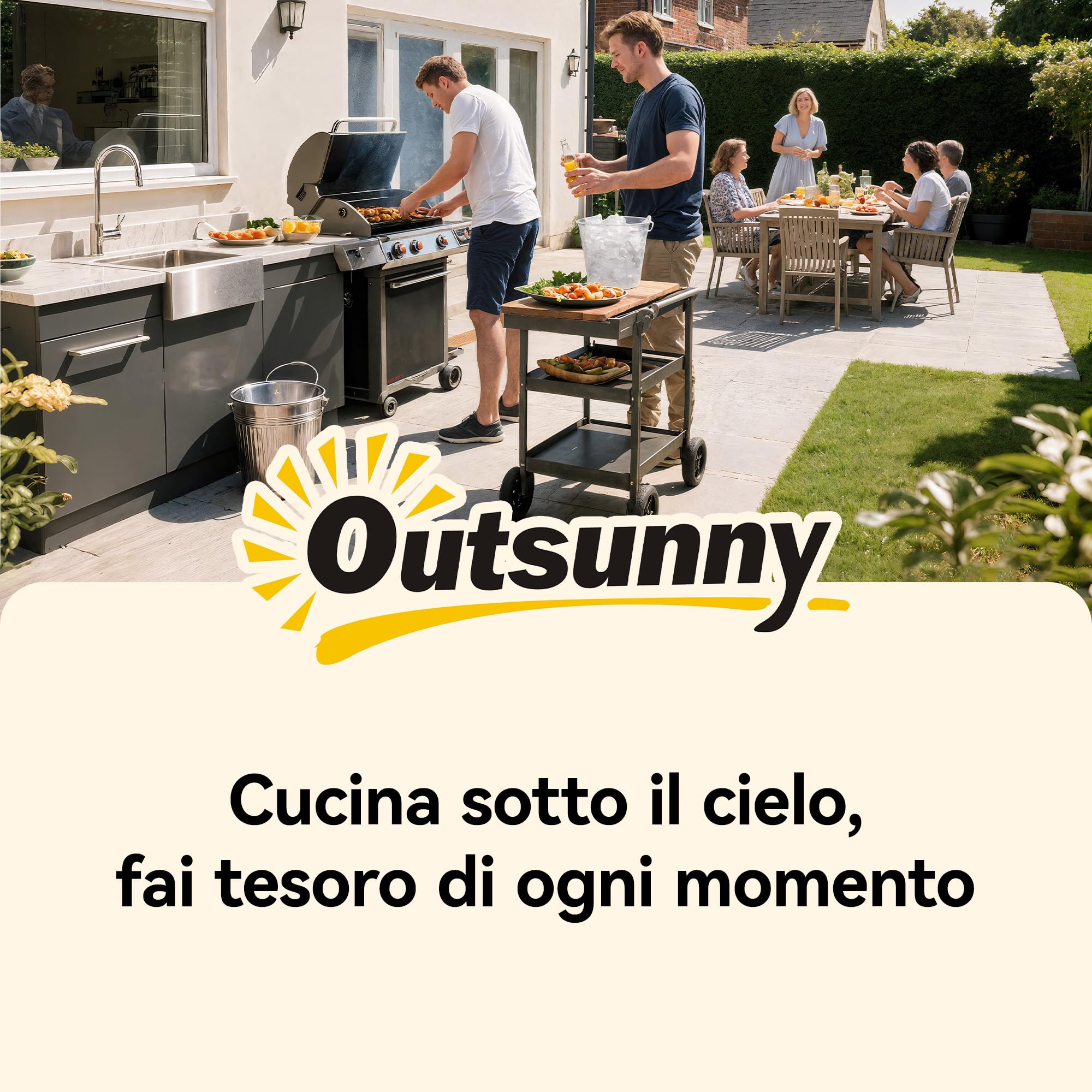 Outsunny Carrello per Barbecue da Esterno, Tavolo Cucina per Forno a Pizza con Piano in Acciaio Inox, 4 Ganci a S, Maniglia, Apribottiglie e Ruote Bloccabili, 82x55x79 cm, Nero