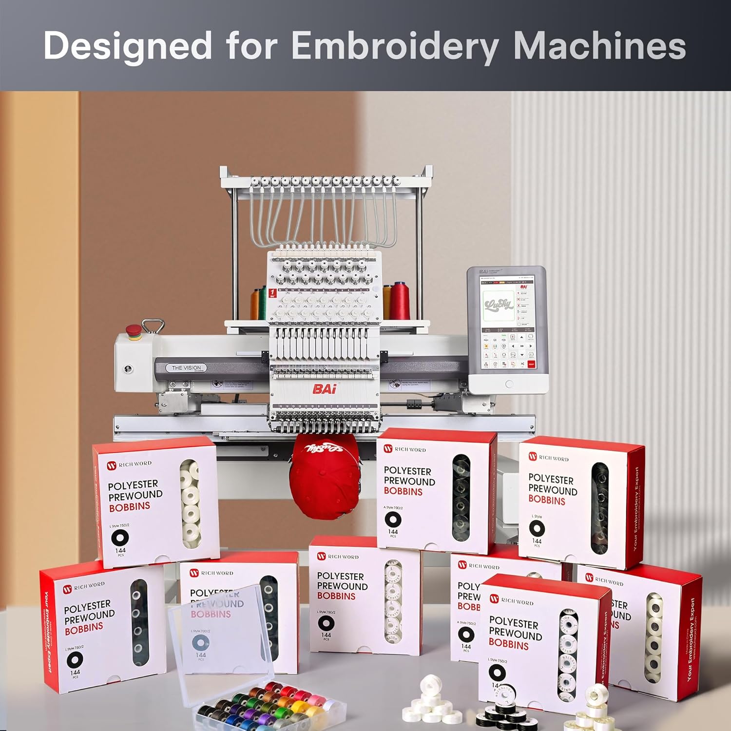 BAi Embroidery Bobbins, White 144pcs Plastic Sided Type L(SA155), 60WT(75D/2) Prewound Bobbins for Commercial Multi Needles Embroidery Machine