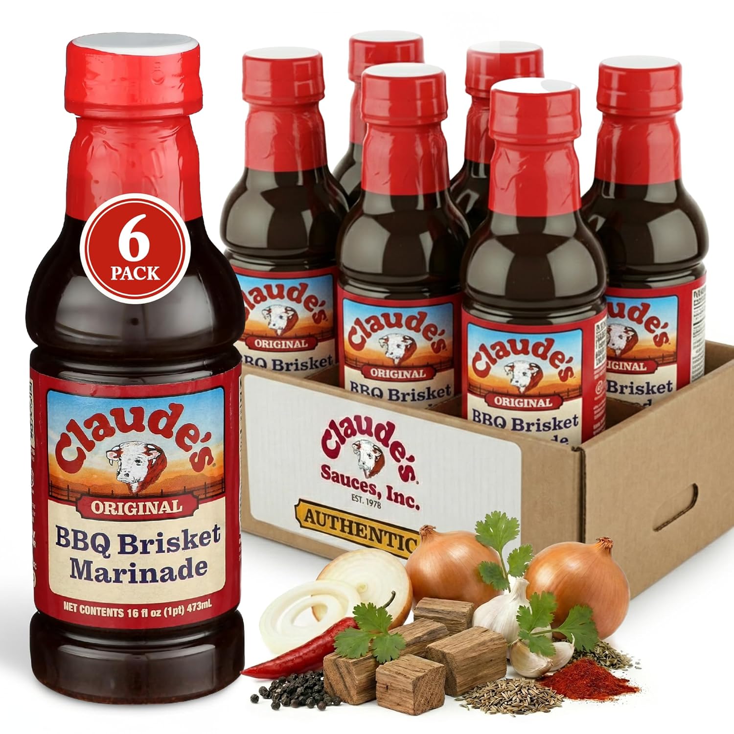 Claude's Original BBQ Brisket Marinade Sauce (Pack of 6, 16 oz) – Smoky Texas Barbecue Sauce – Tenderizing, Gluten Free - All-Natural BBQ Sauce for large cuts of meat, brisket, chuck roast, pork shoulder, leg of lamb. Or Ribs, Chicken & Steak