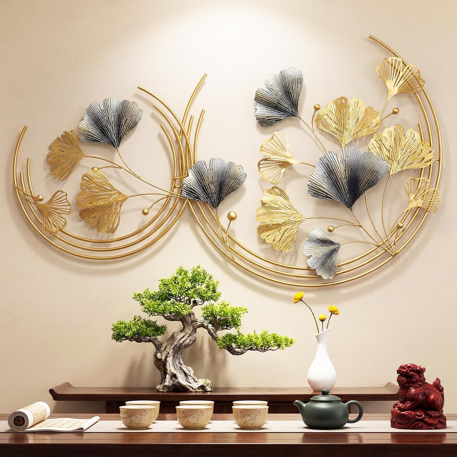 Yerliker Large 3D Metal Wall Art Decor, Handmade Round Golden Ginkgo Leaf Wall Sculpture 43.3" Vertical, Unique Gold & Gray Modern Decor for Living Room, Bedroom, Office, Home