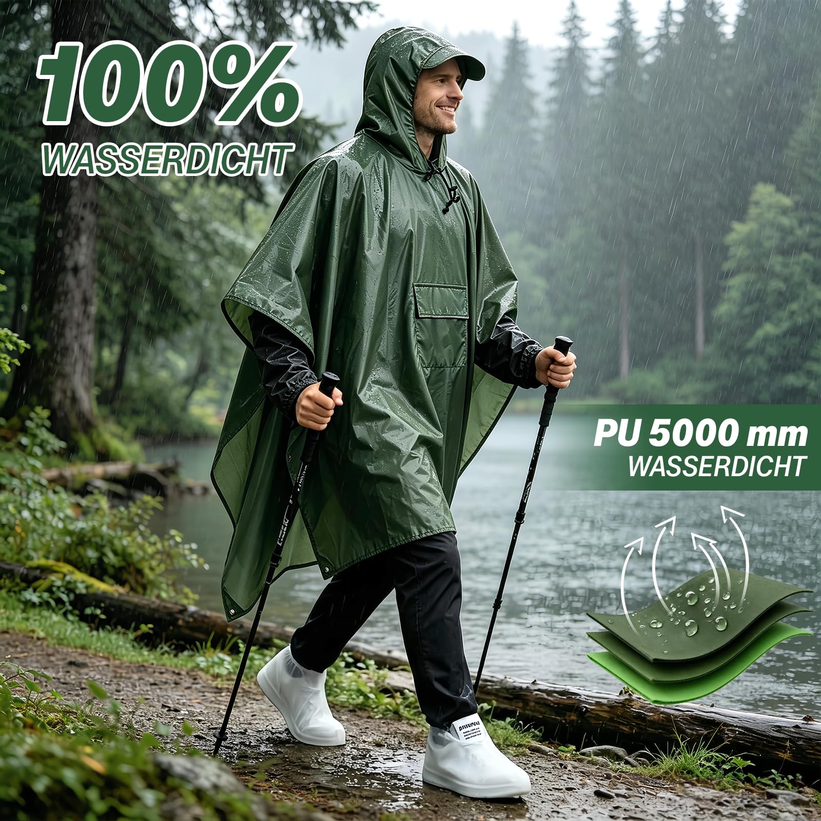 Esoes Poncho impermeable ligero hombre y mujer, chaqueta impermeable multiusos para actividades al aire libre con capucha, bolsa plegable y cubrezapatos