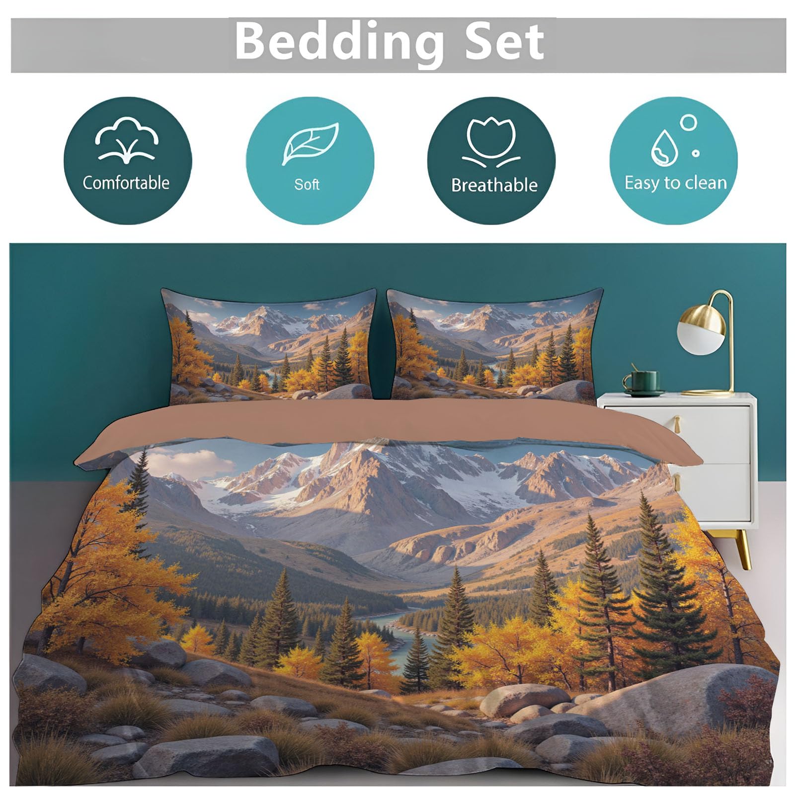 Set Copripiumino Matrimoniale Naturalmente Fiume Serpeggia, Biancheria da Letto Montano Autunnale in Morbida Microfibra 3D Copri piumino 200x200cm con Cerniera e 2 Federe 50x75 cm