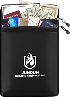 JUNDUN Feuerfeste Dokumententasche(38x28cm, 5200°F) - wasserdichte Geldtasche mit Doppel-Reißverschluss & Reflektorstreifen für A4 Dokumente, zum Schutz von Bargeld, Reisepässen & Wertsachen
