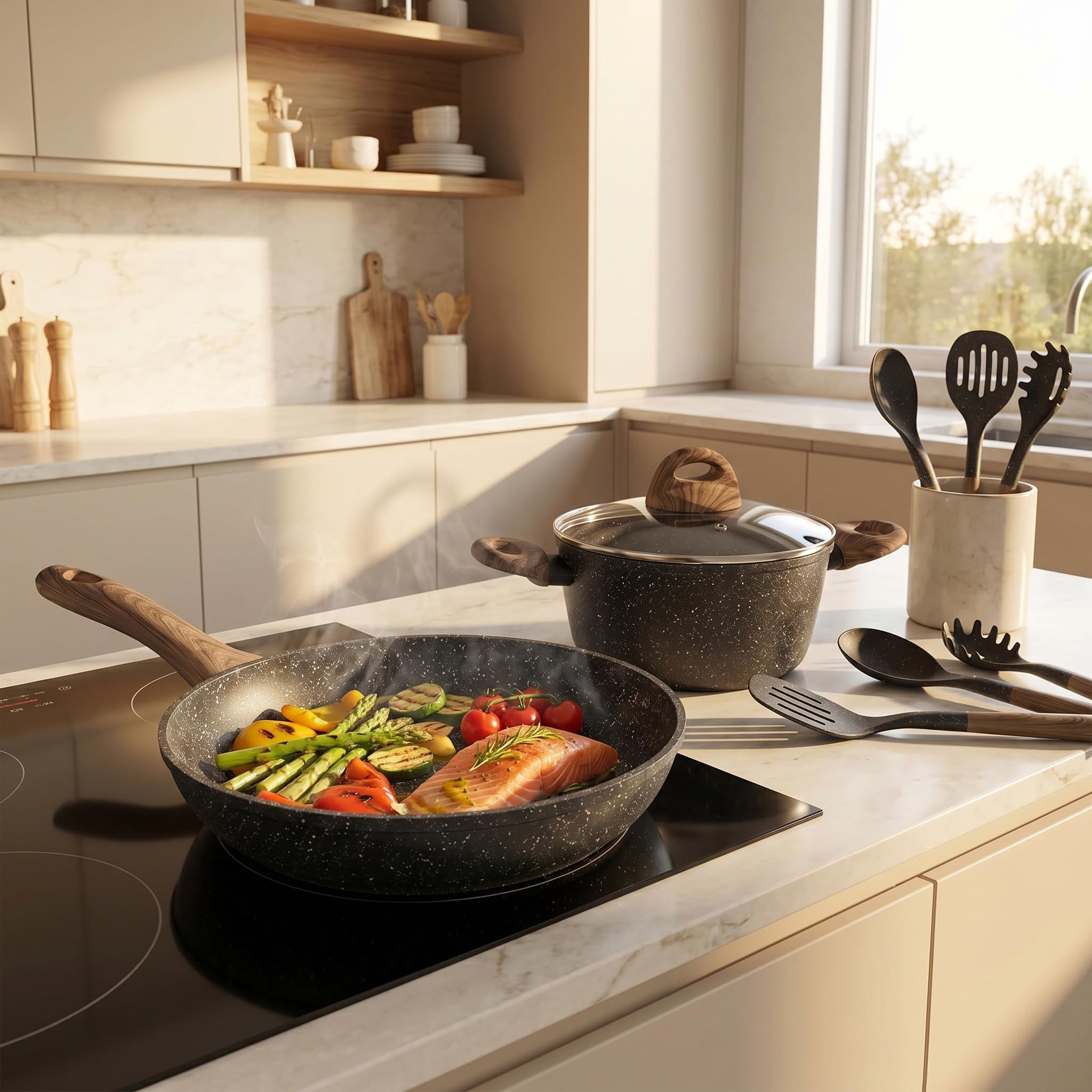 INTRECCI Set 10 Pezzi Padelle e Utensili Cucina con Casseruola, Wok, Bistecchiera | Batteria Pentole Antiaderente Rivestimento Marble Stone | Fondo Induzione e Gas | Alluminio, Nickel e PFOA Free