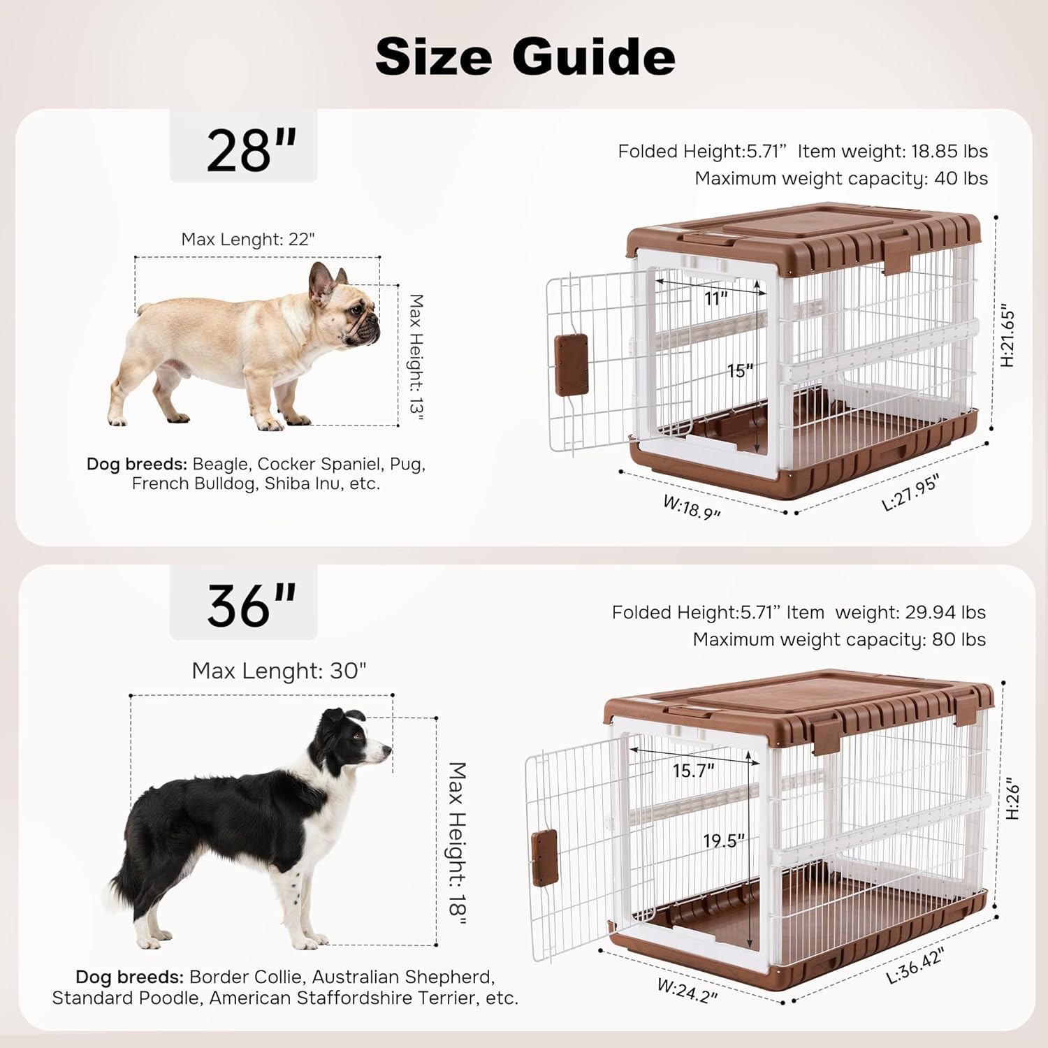 collapsible dog crate for large dogs - 36" l heavy duty dog kennel no tools required with 4 sides steel foldable cage for dogs indoor, portable carrier with 2 smooth wheels, woodgrain 36.42 x 24.2 x 26 in woodgrain
