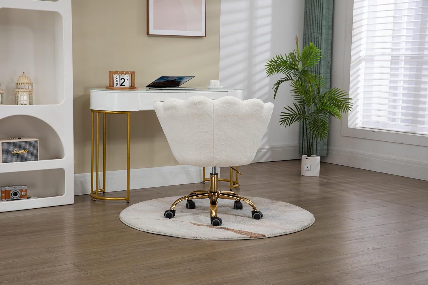 ZOBIDO Comfy Home Office Task Chair with Wheels, Cute Modern Upholstered Velvet Seashell Back Adjustable Swivel Vanity Desk Chair, for Women, for Girls, Living Room(White Plush)