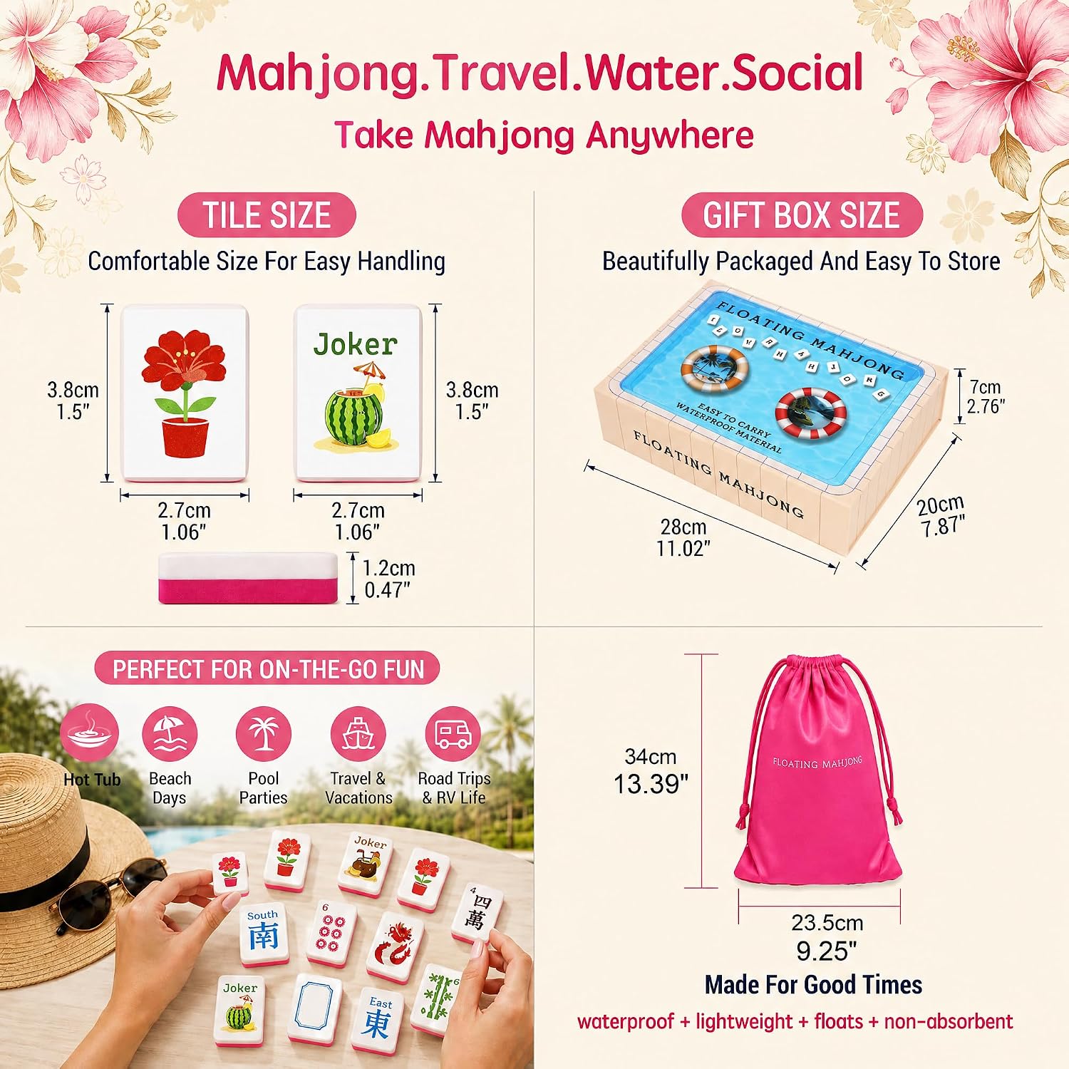 Floating Mahjong Tile Set for Pool,160 American Mahjong Tiles Waterproof EVA Foam with Dice Storage Bag for Pool Party Beach Vacation Summer Outdoor Game Set (Pink)