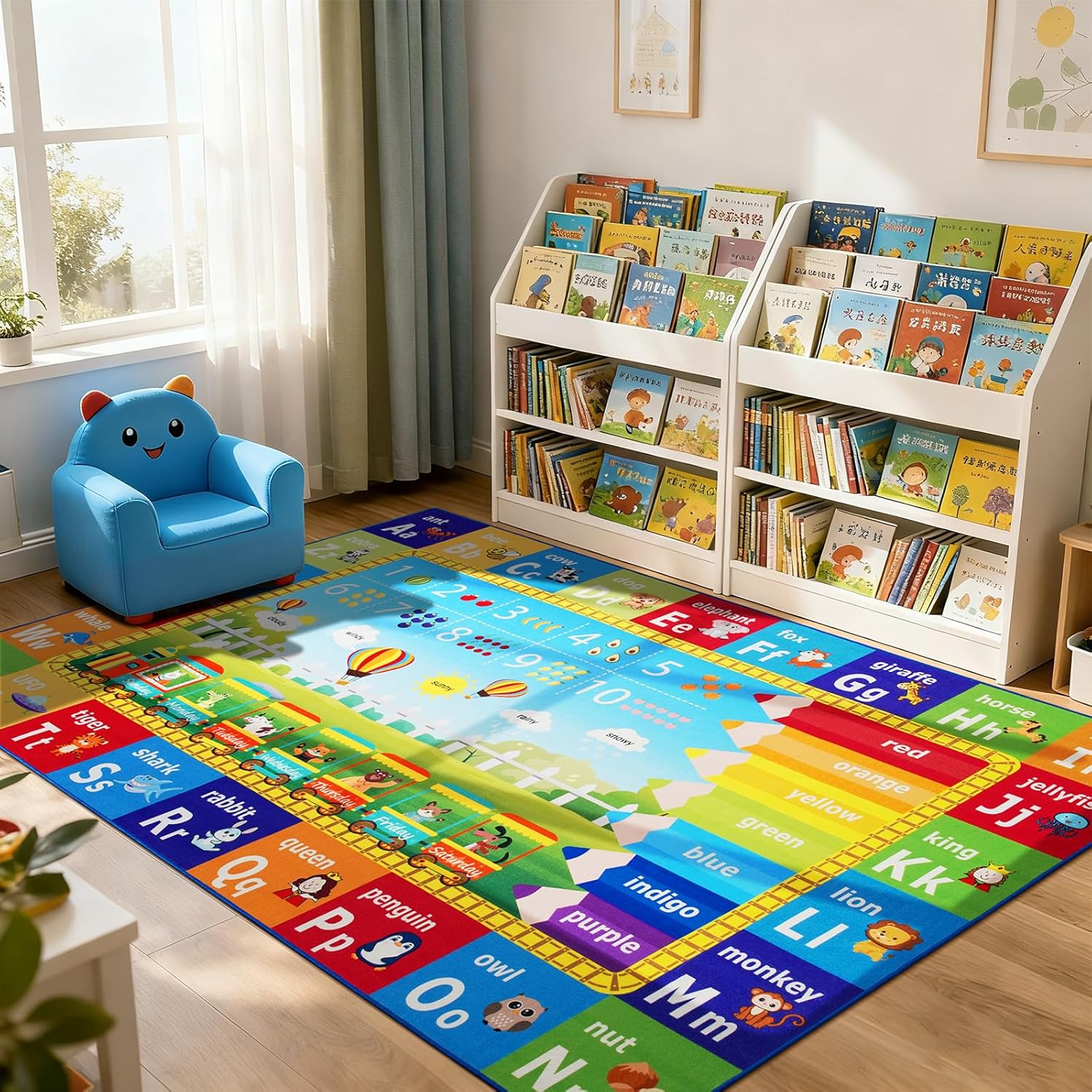 ABC Rug for Playroom Classroom Bedroom,4x6 Kids Educational Area Rug for Learning Alphabet,Numbers,Colors,Season and Animal Words,Non Slip Washable Play Mat Carpet for Nursery Toddler Decor