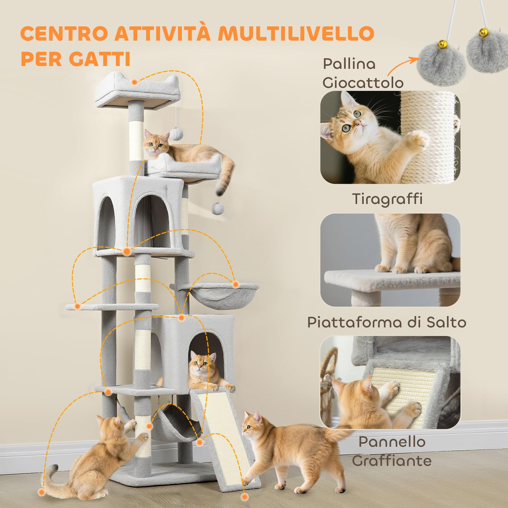 PawHut Tiragraffi per Gatti Alto 177cm Multilivello 2 Grotte Grigio Chiaro | Albero per Gatti, 5 Pali Graffiatoi, 2 Cucce, 2 Amache, 2 Pompon, Piattaforma, Scala, Torre per Gattini, in Peluche