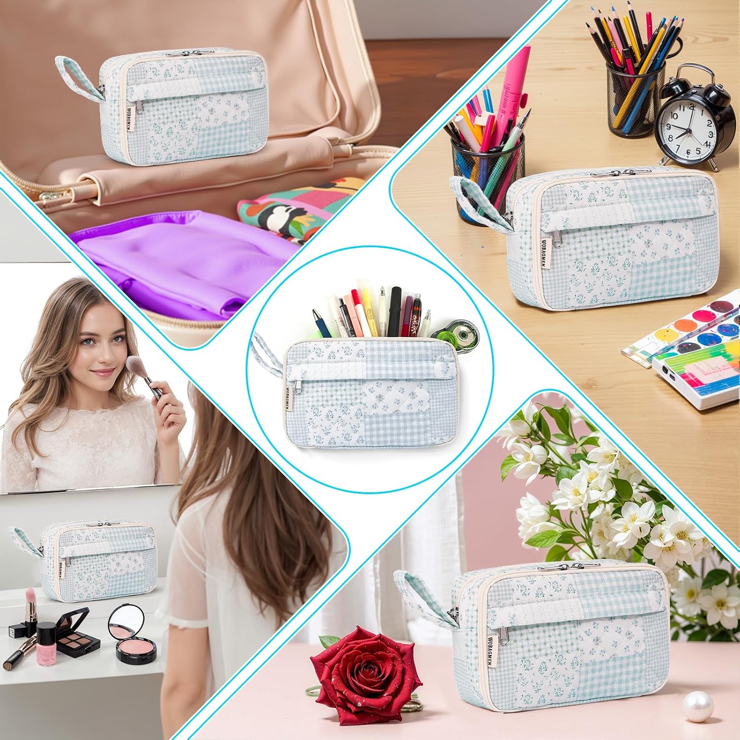 WOBAGMEN Quilted Pencil Pouch for Girls Women, Large Pencil Case Pouch with Compartments Cute Aesthetic Pencil Case Organizer, Floral Pencil Bag for School Supplies (green blue pin)