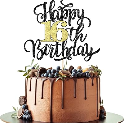 Leetaivie Happy 16th Birthday Cake Topper, Black Gold Glitter Birthday Cake Topper, 16th Anniversary/ 16th Birthday Party ...