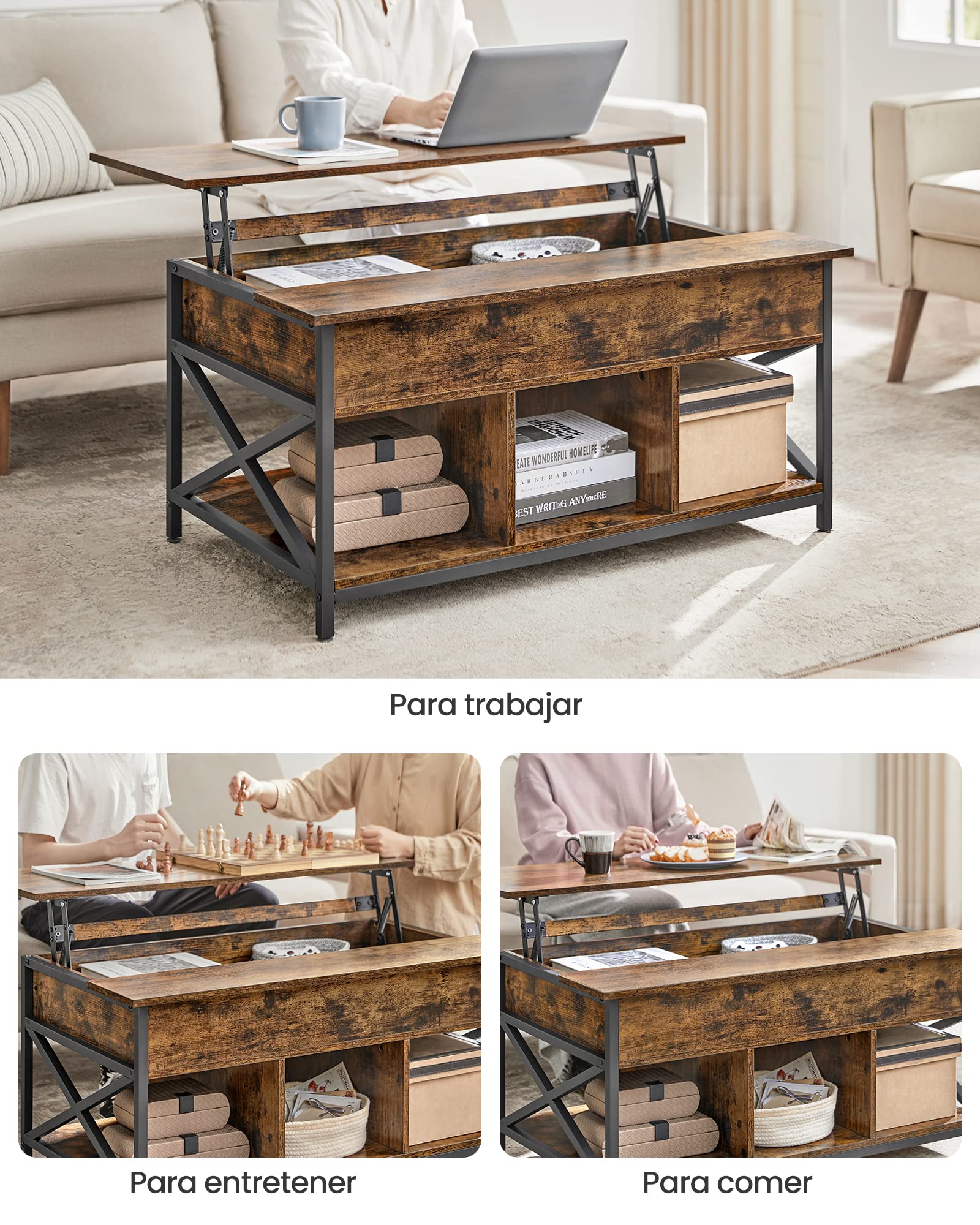 VASAGLE Mesa de Centro, Mesa de Café con Tablero Elevable, para Dormitorio, con Espacio Abierto y Oculto, Barras en Forma de X, 60 x 100 x (48-62) cm, Marrón Rústico y Negro LCT205B01