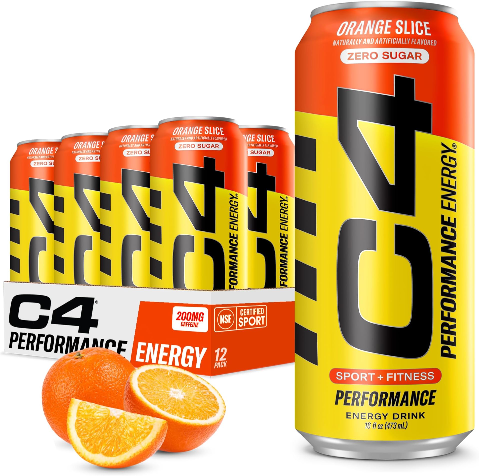 Energy Carbonated Zero Sugar Energy Drink, Pre Workout Drink + Beta Alanine, Orange Slice, 16 Fl Oz (Pack of 12)