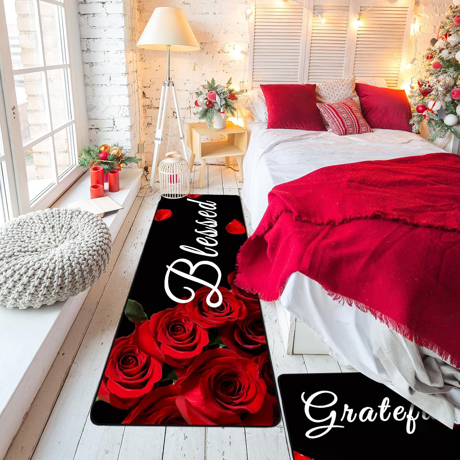 Tinideya 3 Pcs Red Rose Kitchen Rug Set Red Rose Kitchen Decor Rug Non Slip Floor Mat Farmhouse Country Rugs and Mats Decor Accessories, 20 x 32'', 20 x 47'', and 20 x 59''