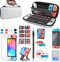 Accessories Bundle for Nintendo Switch OLED 2021 Model with White Carrying Case & Charger, 3in1 Protective Case, Screen Protector, Racing Steering Wheel Grip, Handle Grip, Thumbstick Cap & PlayStand