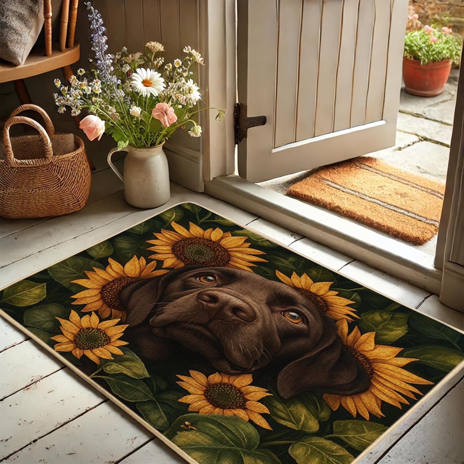 Sunflower Dog Doormat, Black Lab Design for Spring and Summer Home Entrance Decor, Rubber Waterproof Non-Slip Washable, Indoor & Outdoor Use 29x17 Inch