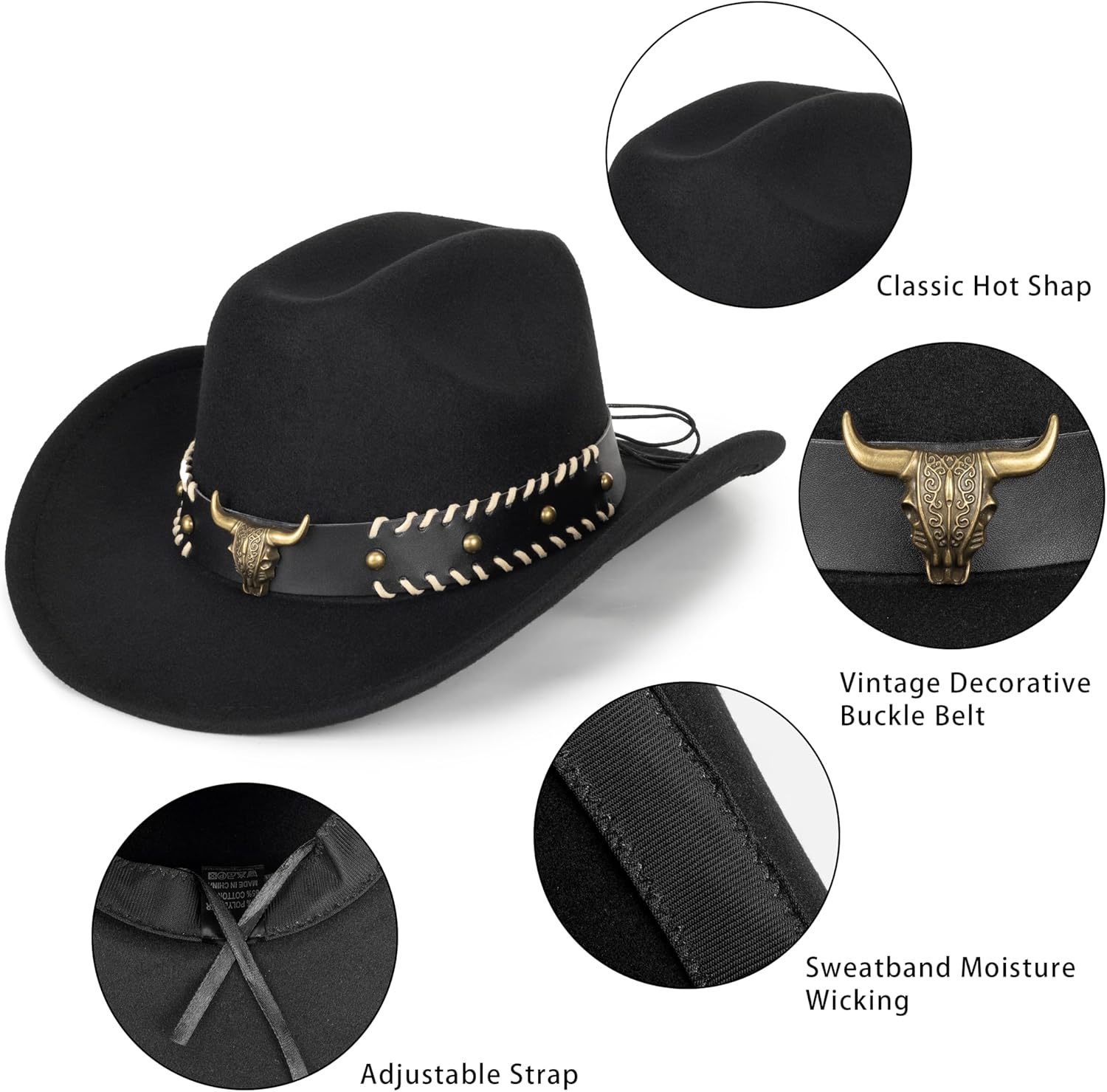 Wide Brim Men and Women's Western Cowboy Hat Fedora-Jazz-Hat with Bull Head Band Decoration - Image 4