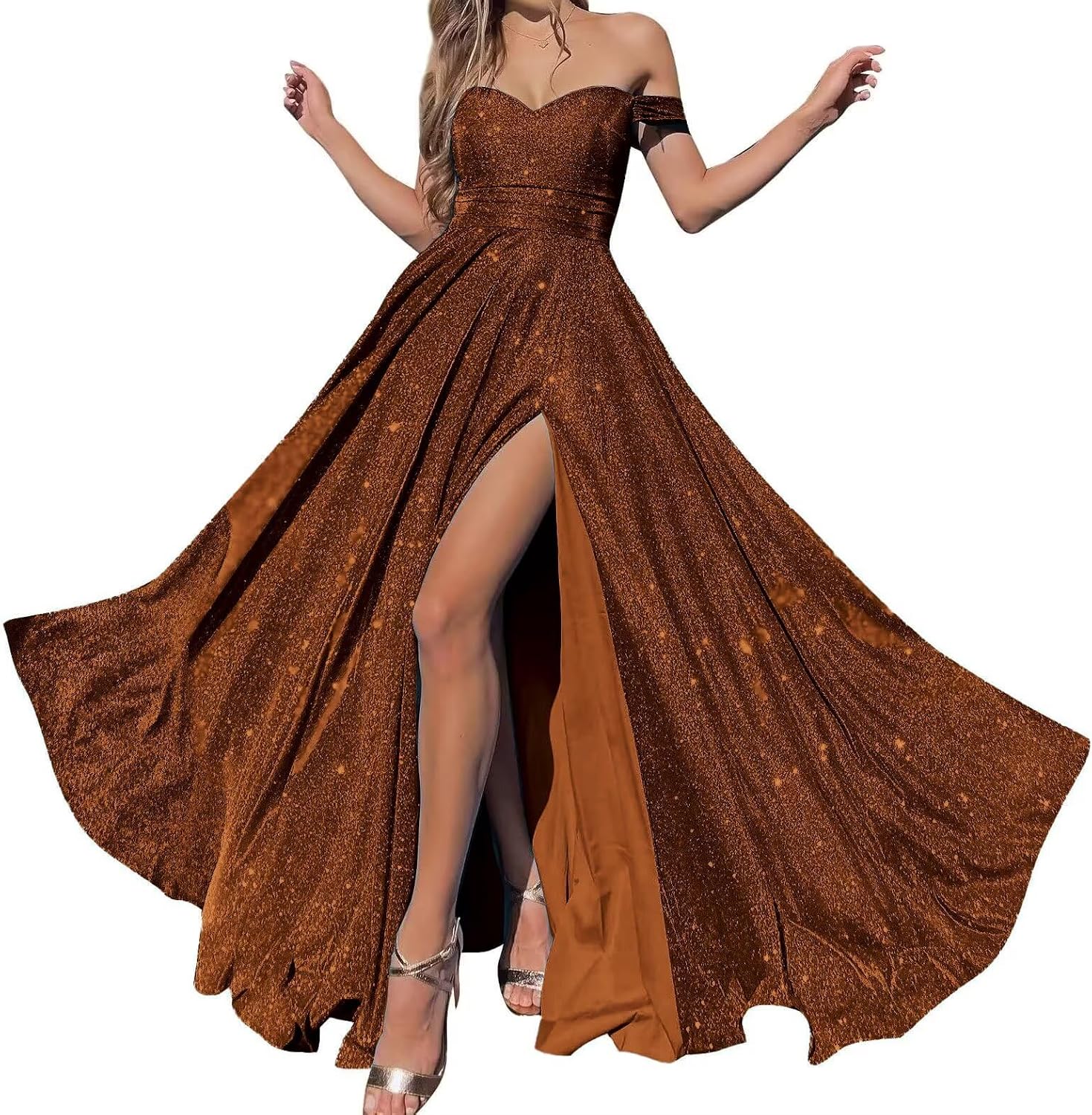 Off Shoulder Prom Dress for Women Sparkly Sequins Ball Gown Split Long Evening Gown with Pockets GL0007