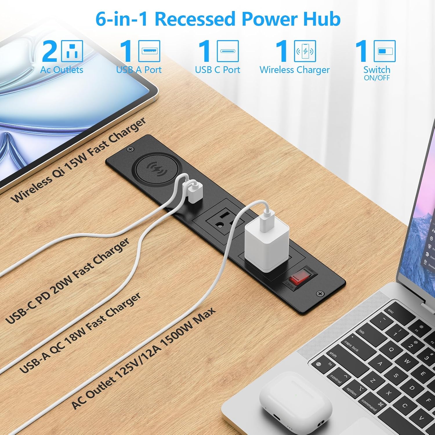 Recessed Power Strip Surge Protector, Conference Outlets with 2 AC, 2 USB-A, USB-C & Wireless Fast Charger, Desk Furniture Power Outlet for Home, Office, Workstations, ETL Listed