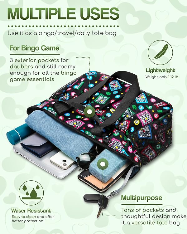 Bingo Tote Bag for Bingo Game Set Stuff Supplies Bingo Bags with Pockets for Bingo Accessories Supply Large Bingo Dauber Bag for Dabbers Dobbers Bingo Prizes for Bingo Lovers Players Juego de Bingo by FOKDUVB - Used condition - Image 5