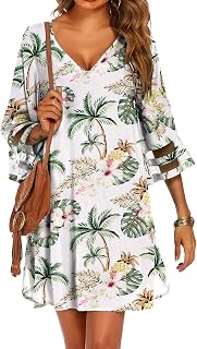 Women's Swimsuit Cover Up 3/4 Bell Sleeve Beachwear Coverups Deep V-Neck Bikini Beach Dress S-3XL