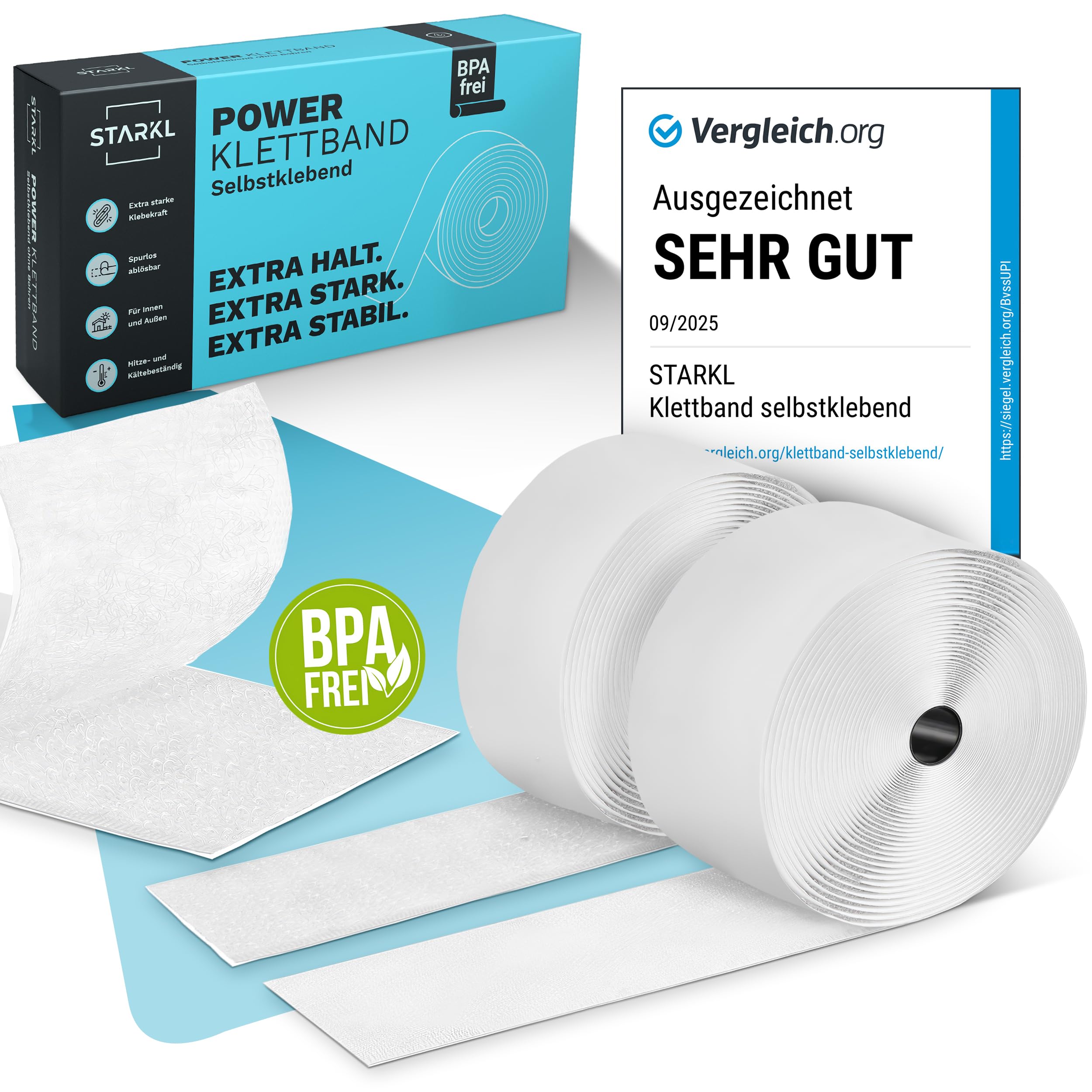 Klettband Selbstklebend Extra Stark - BPA Frei - 5m x 50mm - Klettverschluss Selbstklebend Weiß - Klett Klebeband Extra Breit - Selbstklebendes Klettband Beidseitig - Klettbänder