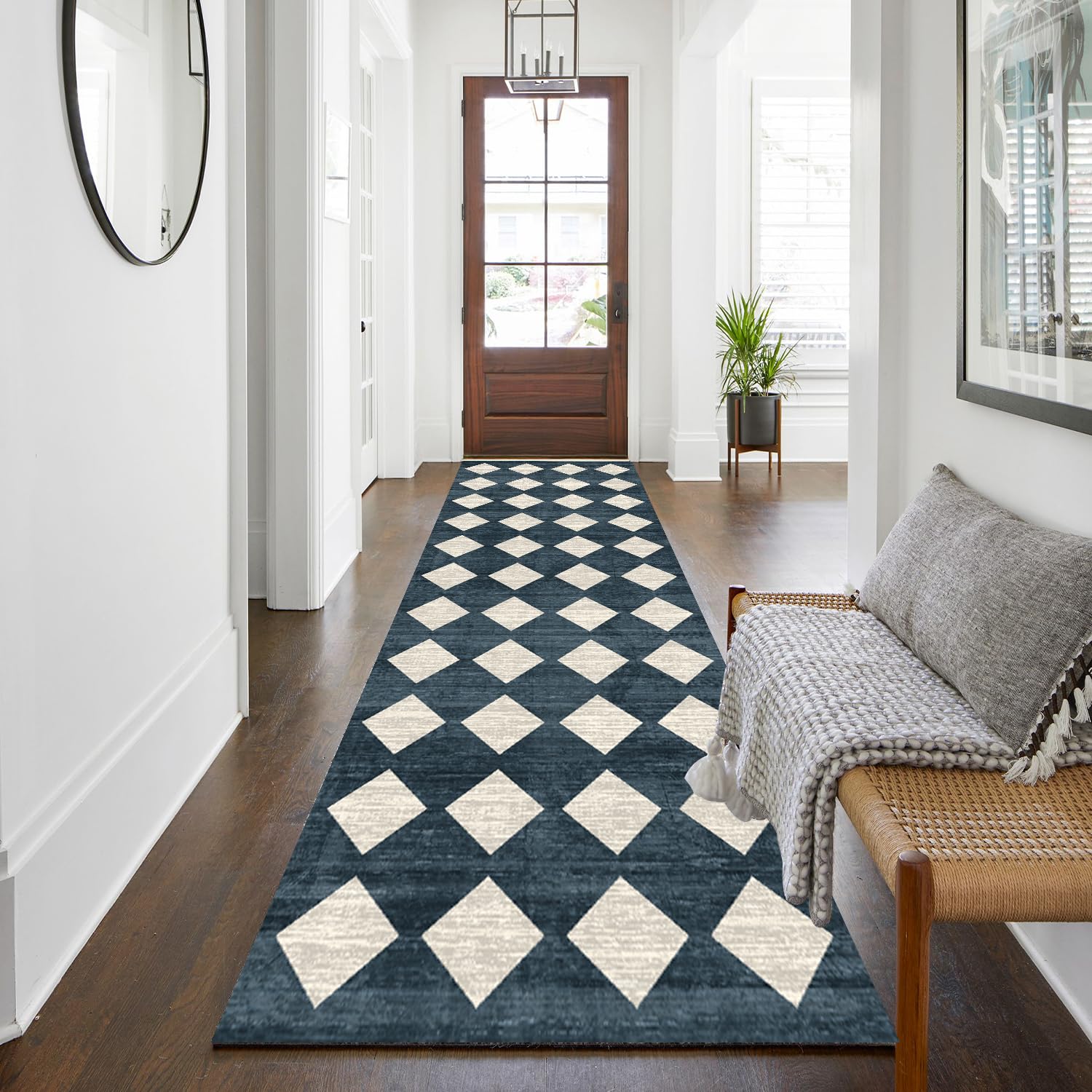 WTHYGB Teppich Läufer 80 x 250 cm, rutschfest Waschbar Teppichläufer, Küchenläufer Geometrie Design für Eingang, Küche, Wohnzimmer & Büro, Blau und Weiß