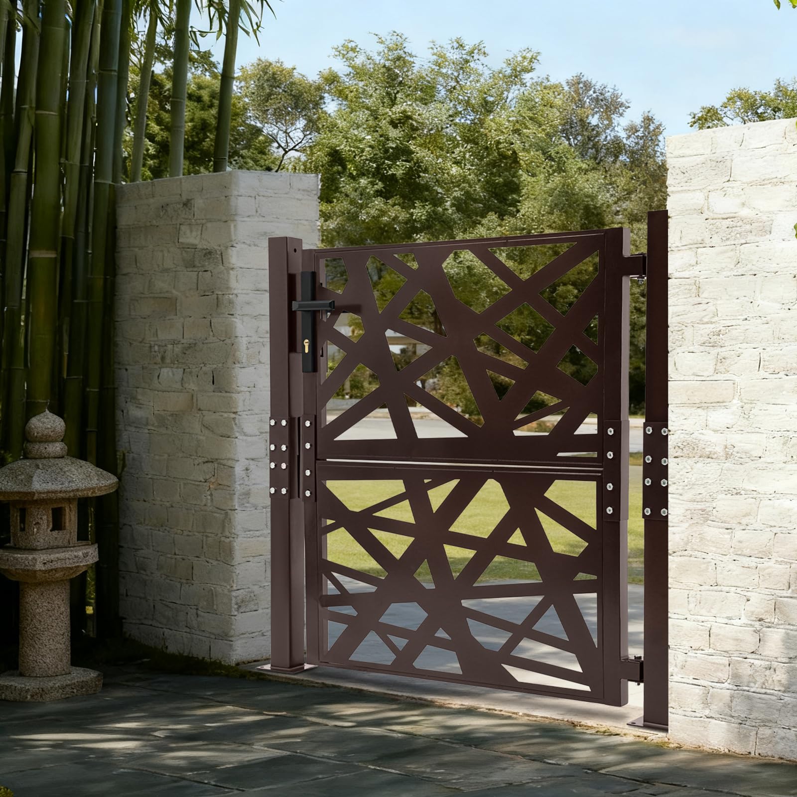 Puerta de jardín, 105 x 100 cm, color negro, para jardín, exterior, de seguridad, de metal, ángulo de apertura de 180°, cierre de seguridad con 7 llaves, para jardín, patio y terraza (marrón