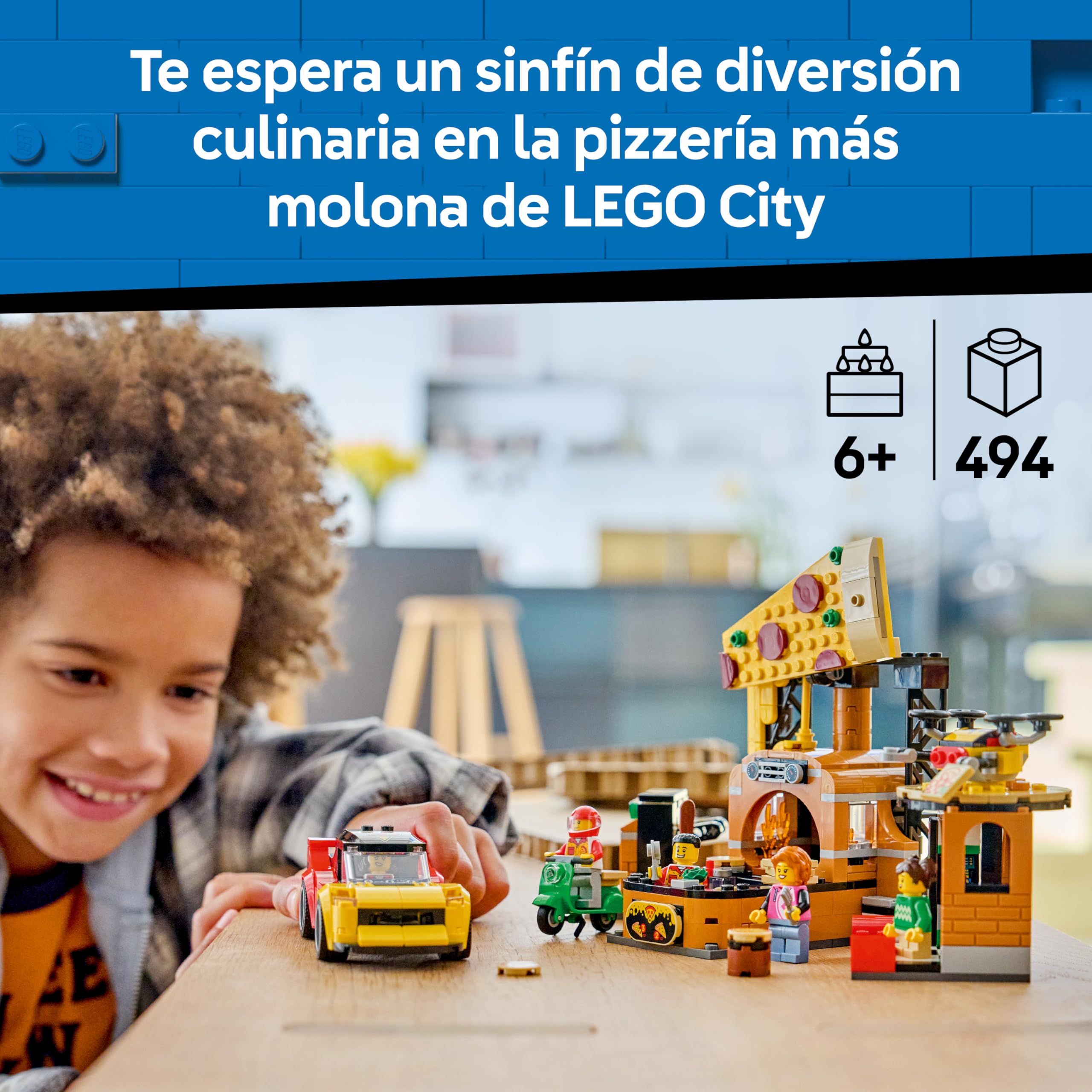 LEGO City Experiencia de Pizza a Domicilio con Vehículos – Coche, Moto y Dron de Juguete, Comida, Máquina Recreativa y 4 Minifiguras – Regalo de Cumpleaños para Niños de 6+ Años – 60496