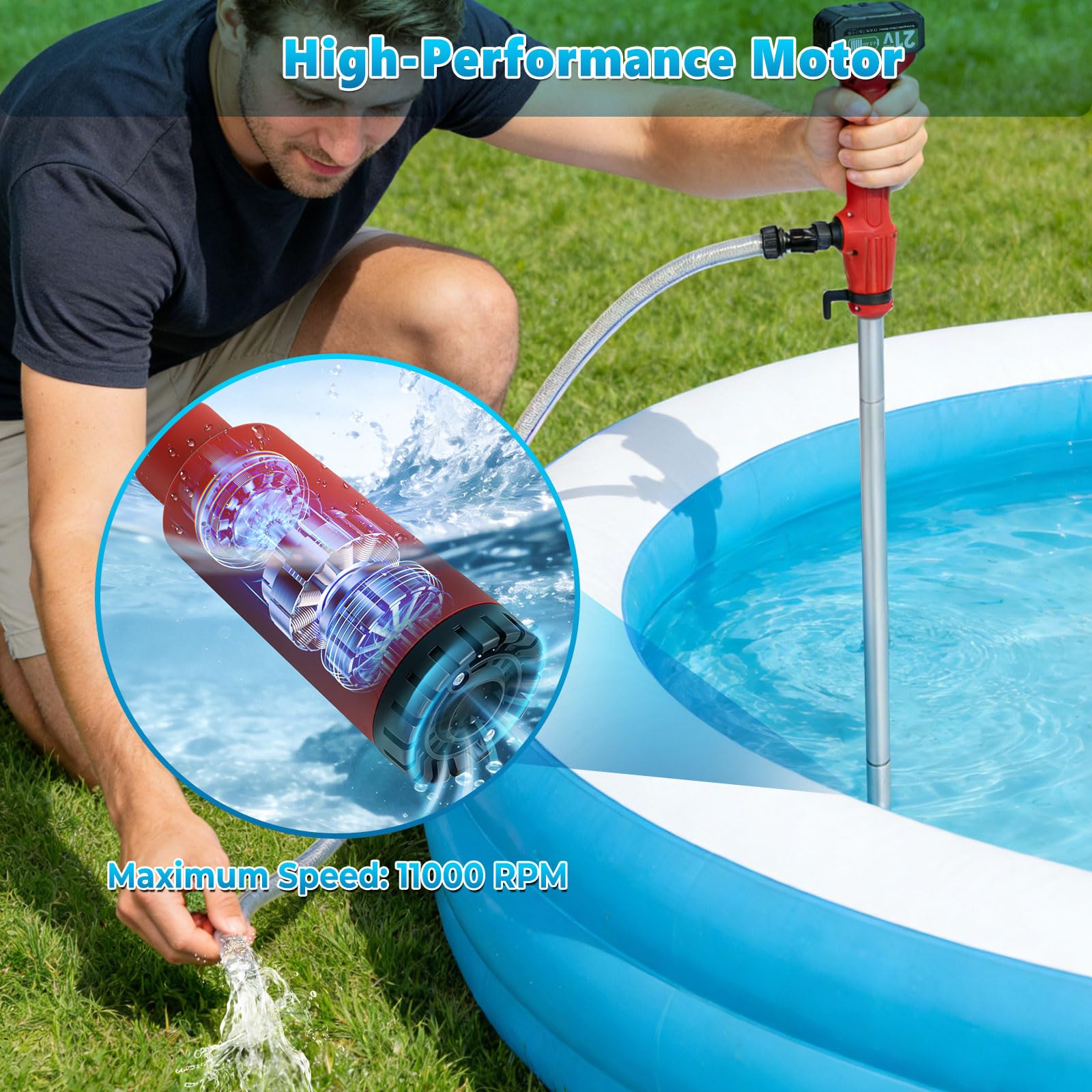 Pompe à eau sans fil à tige, pompe submersible portative pour puits profond, pompe de puisard utilitaire à haut débit 2725 L/h avec 2 × batteries rechargeables de 4,5 Ah pour jardin, étang, bateau