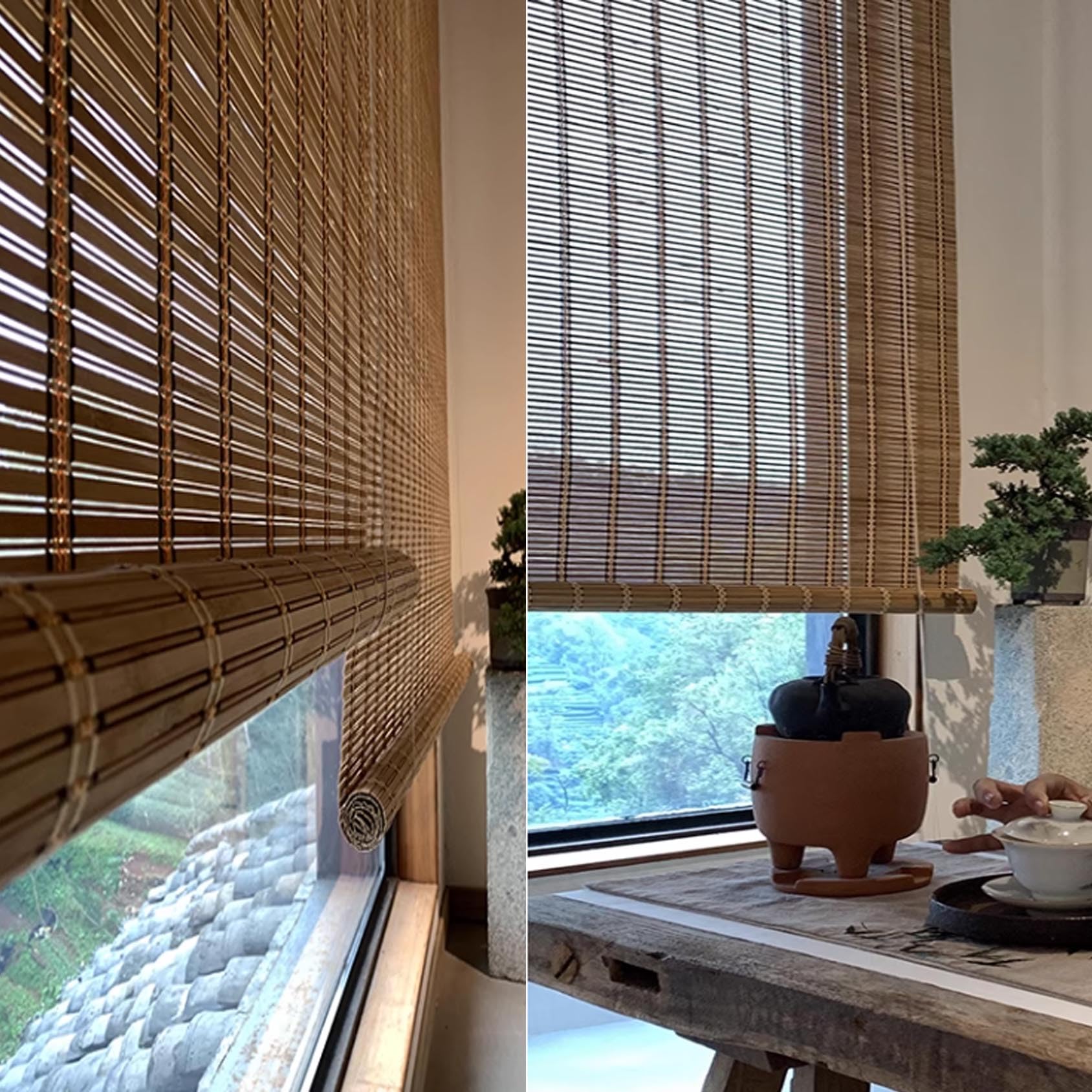 Natürlich Bambusrollo,Terrasse Bambus-Rollo für Garten,Atmungsaktiv Mit Lifter Natur Holzrollos Sonnenschutz Jalousie Für Innen-/Außen,Fenster,Balkon