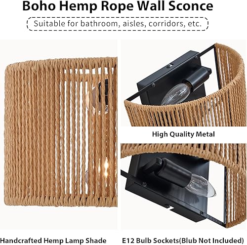 Miniatura 4 de Juego de dos apliques de pared de ratán bohemio, lámparas colgantes de pared con pantalla de cuerda de cáñamo tejida a mano, estilo rústico de