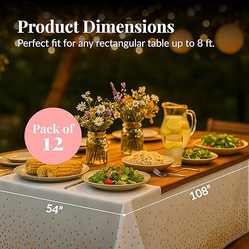 Vista 55 de Prestee Manteles redondos de plástico de 84 pulgadas, paquete de 24 manteles desechables de color blanco para fiestas, manteles redondos