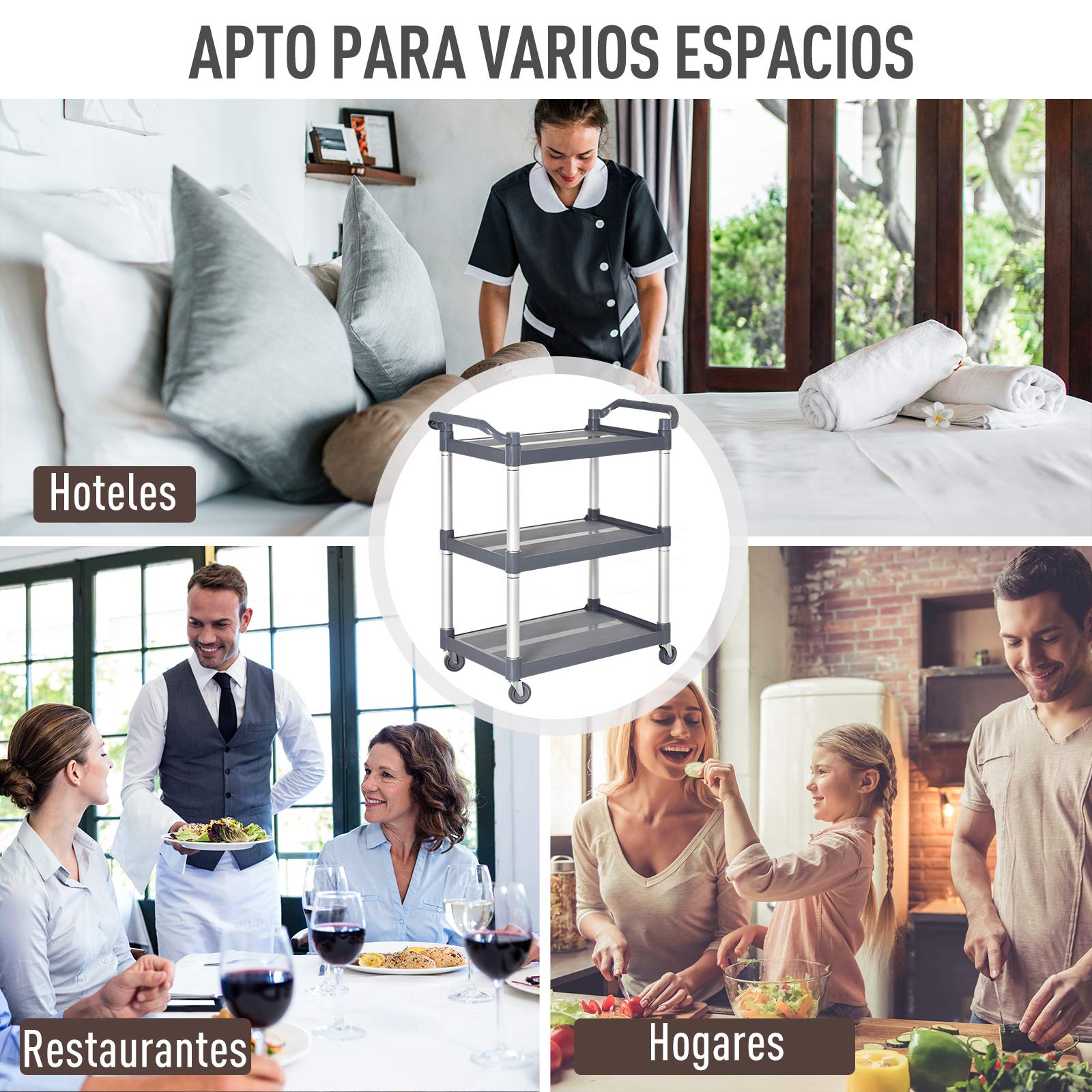 HOMCOM Carrello da cucina in lega di alluminio con ruote Carrello da cucina a 3 livelli Carrello portaoggetti carico 105 kg per Sala da pranzo Bagno 88x44x93 cm Grigio