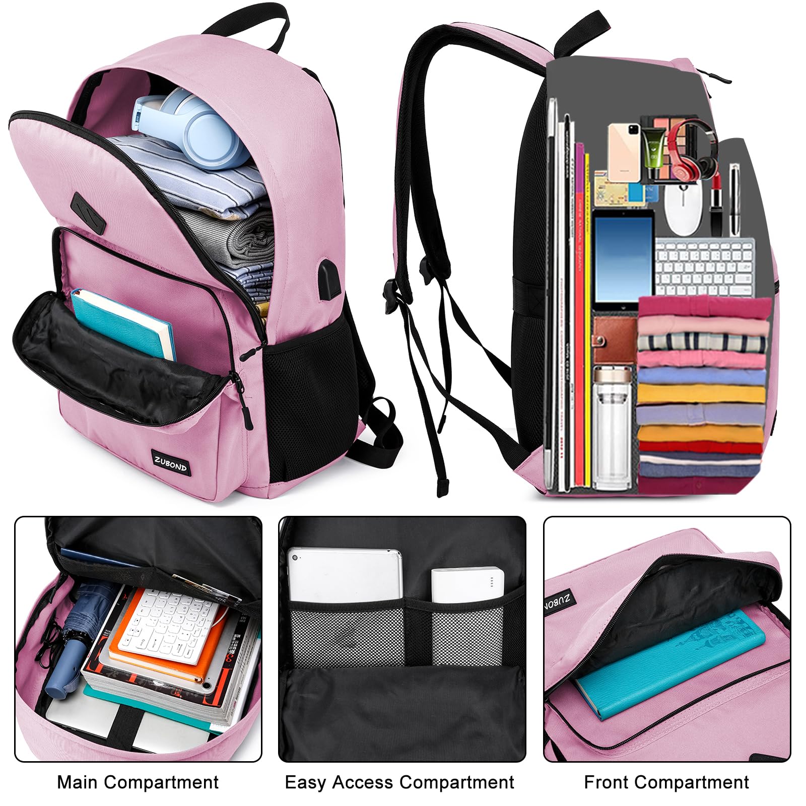 ZUBOND Backpack for School Girls, Lightweight Casual High School Bookbag,Backpack for Men and Women, Laptop Backpack with USB Charging Port Fits 15.6 Inch Notebook