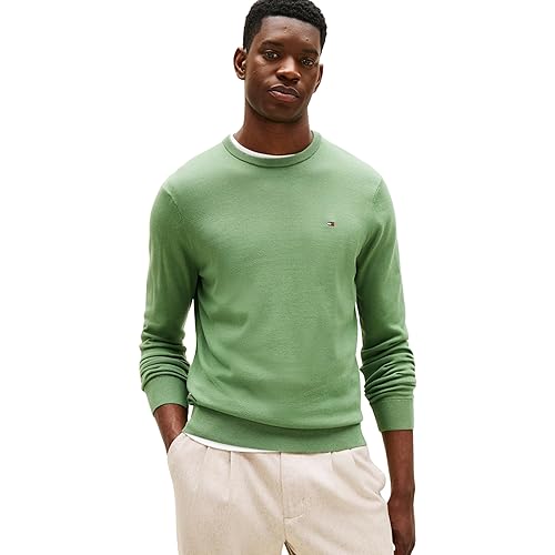 Tommy Hilfiger Maglione da Uomo Essential SSNL Cotton Crew Neck MW0MW39999, Verde, L, Verde (Dusty Meadow), L