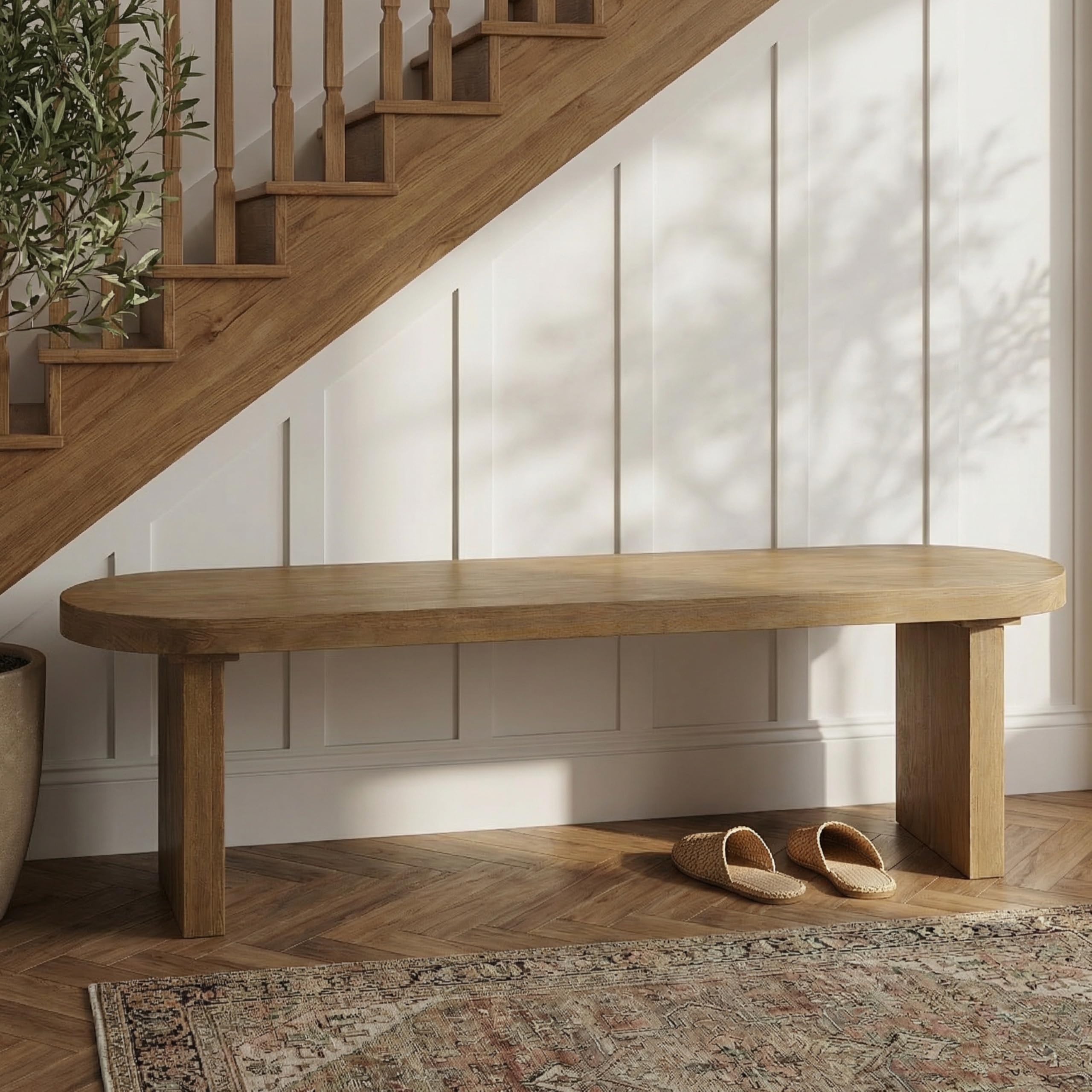 Merax 62.8" Solid Pine Dining Bench with Thick Block Legs – Rustic Modern Wood Seating for 3 Adults, Heavy Duty 350lbs Capacity, Natural Finish for Farmhouse Dining Room & Kitchen