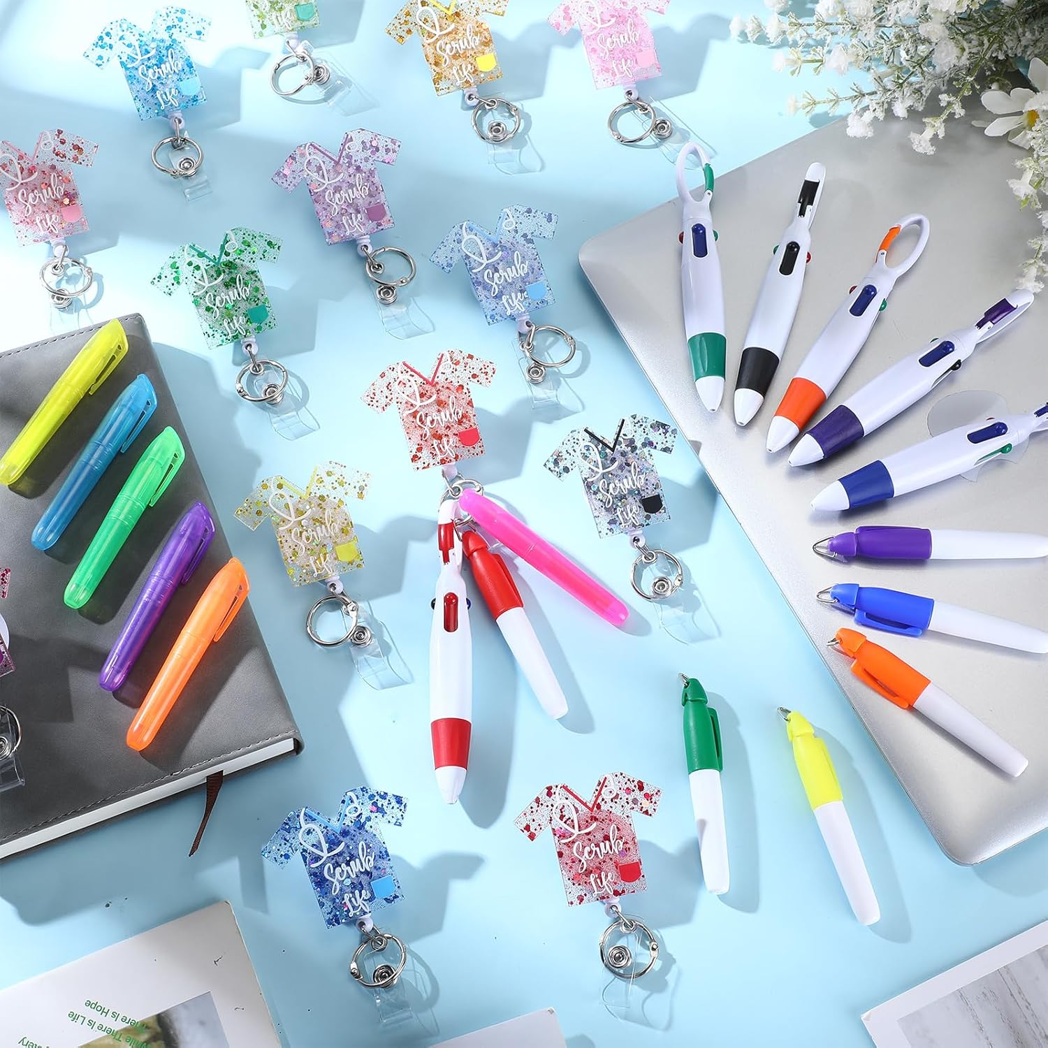 Sinmoe 75 Pcs Nurse Badge Reels Bulk Nurse Gifts Pen Set Include Badge Holder Tip Mini Highlighter Marker Pen Retractable Ballpens and Metal Ring Keychain for Doctor Gift Accessories(Vivid Color)
