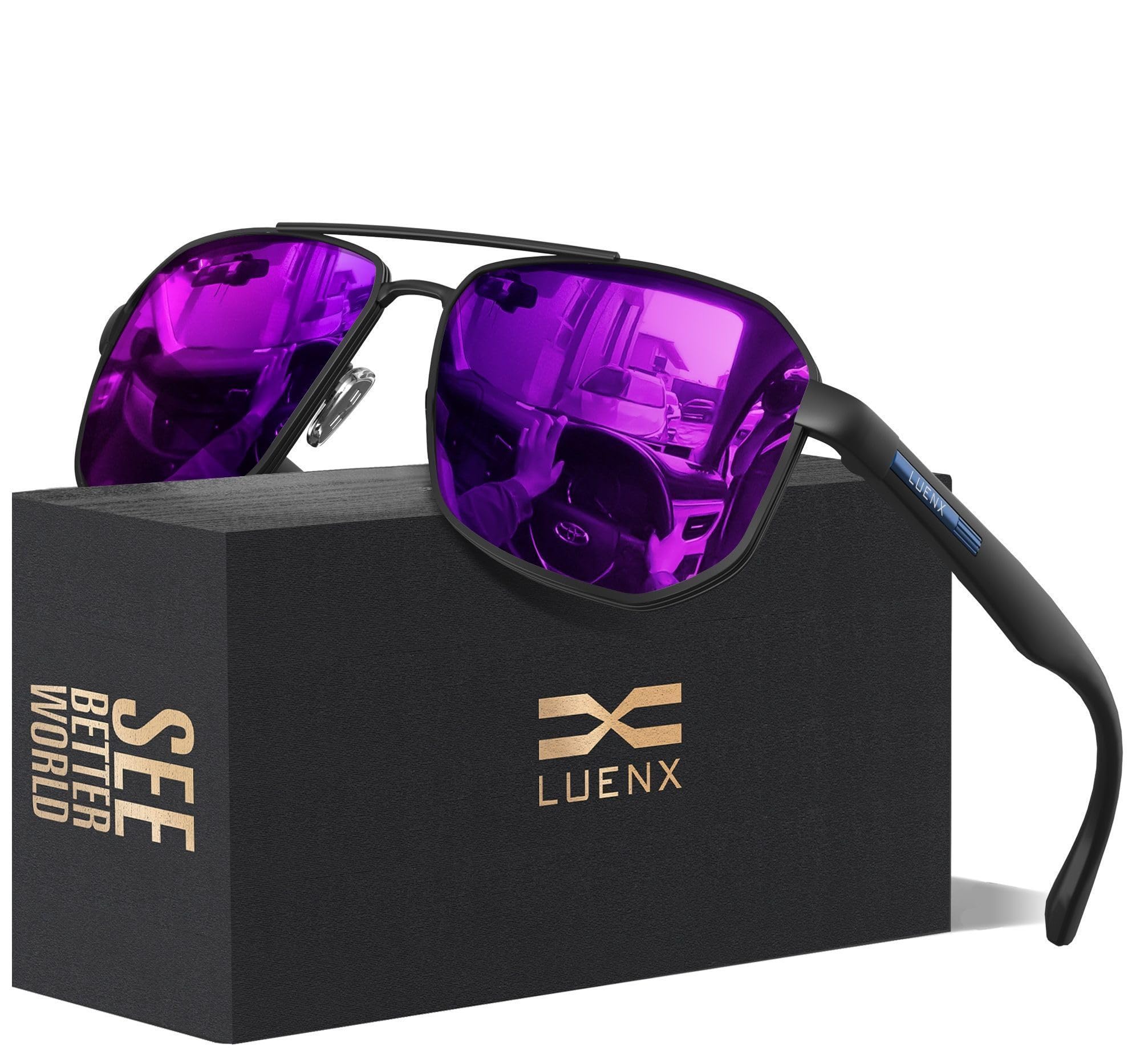 LUENX Aviator Sunglasses for Men Square Polarized Polygon Lens - UV 400 Protection with Accessories 61MM Driving Outdoor