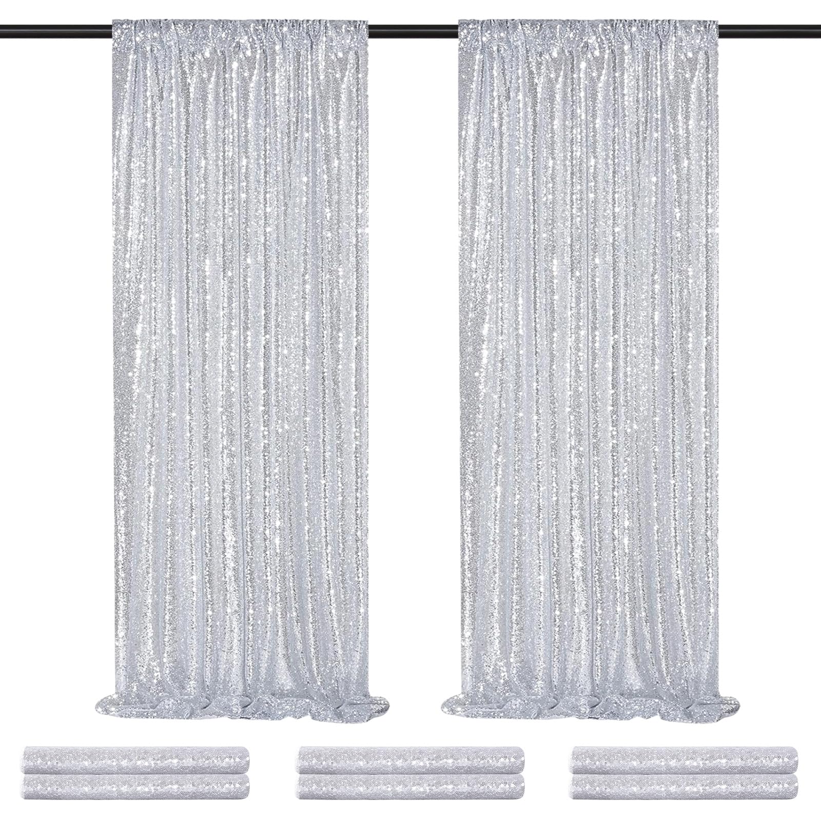 QueenDream Silver Sequin Backdrop Curtains Drapes 6 Pieces 2ftx8ft Sparkly Christmas Background for Brithday Wedding Fabric Decoration