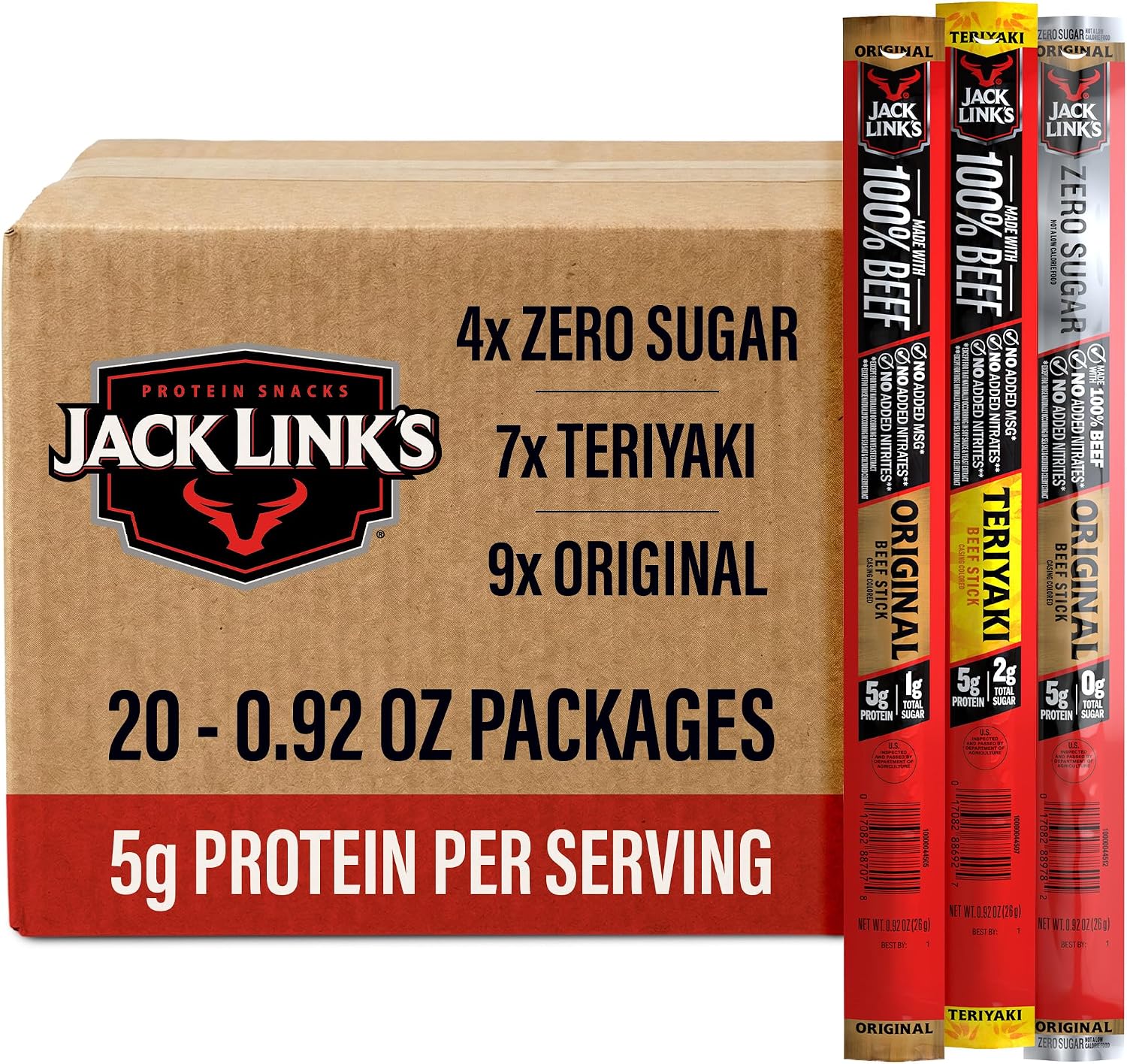 Jack Link's Beef Jerky Sticks Variety Pack - (20 Pack) 0.92 oz | Original, Teriyaki & Zero Sugar - Made with 100% Real Beef - Ready to Eat Real Meat Protein Snacks - 5g Protein per Serving