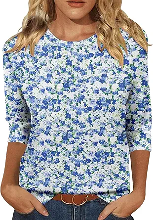 KISSMODA Tunic Tops for Women Loose Fit Dressy Round Neck Pleated 3/4 Length Sleeve Spring Tops