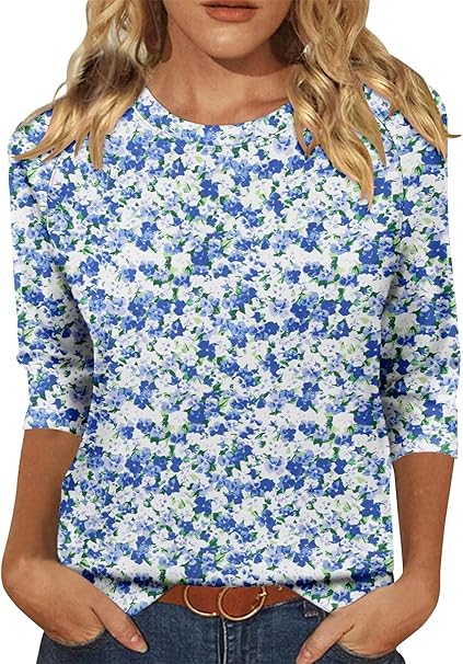 KISSMODA Tunic Tops for Women Loose Fit Dressy Round Neck Pleated 3/4 Length Sleeve Spring Tops