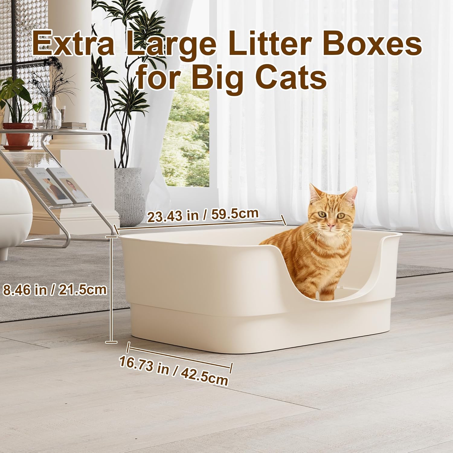 Extra Large Cat Litter Box for Big Cats - High Sides & Low Enter Design, 23.43x16.73x8.46 Inches Spacious Anti-Spill Pet Toilet（Beige）