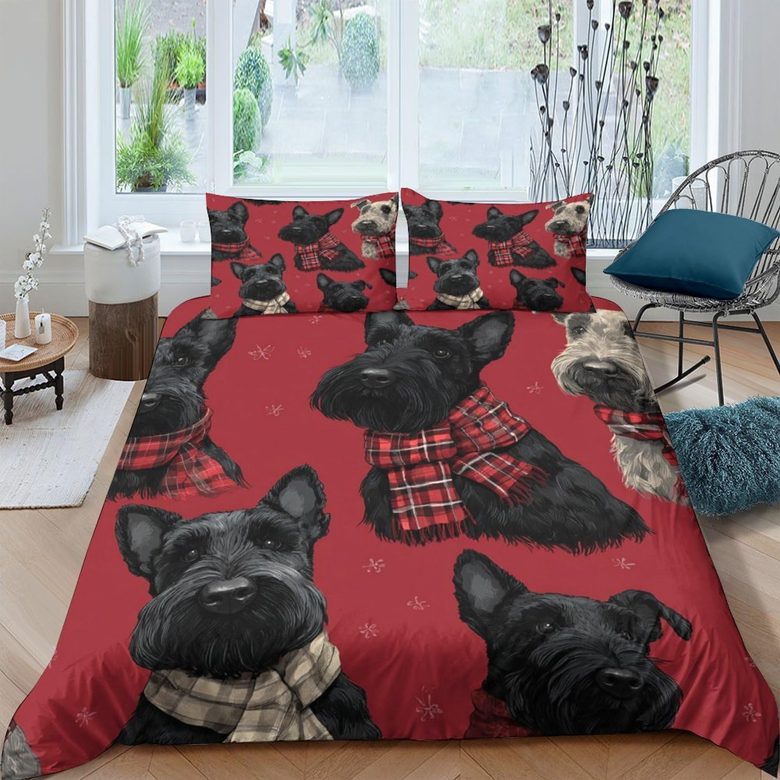Ctjqhvkz Style-4 3D Printed Black Dog Plaid Fitted Sheet Microfiber Red Cartoon Puppy Mattress Cover For Bedroom Guest Room Decor Easy Care Single（135X200cm）