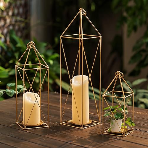 Staymoment Juego de 3 faroles decorativos de alambre de metal negro alto, portavelas rústico de interior para mesa de boda, centro de mesa,