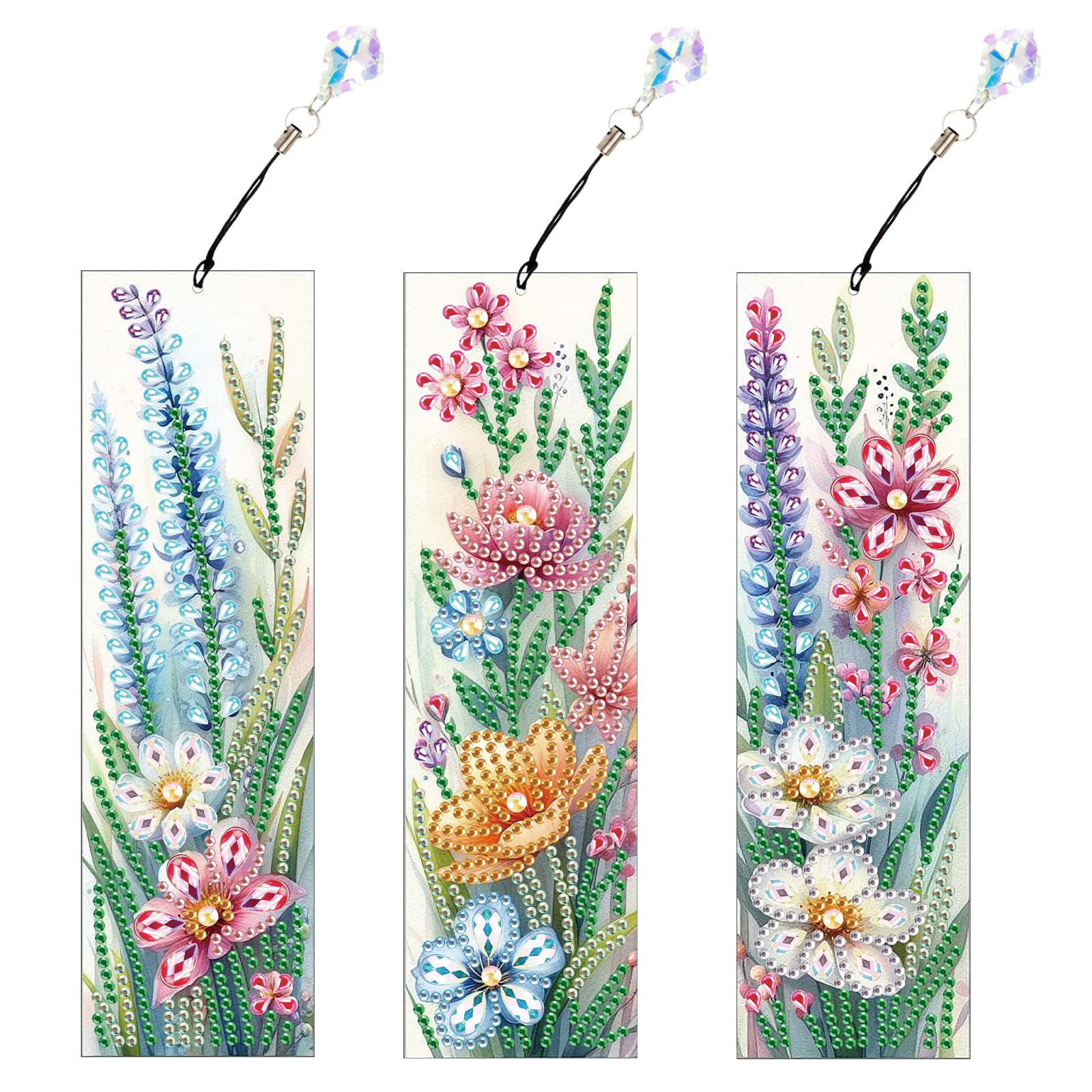 DCIDBEI 3-Piece 5D Diamond Painting Bookmark Kits - Flowers - DIY Beads & Leather Tassel Bookmarks for Adults & Beginners