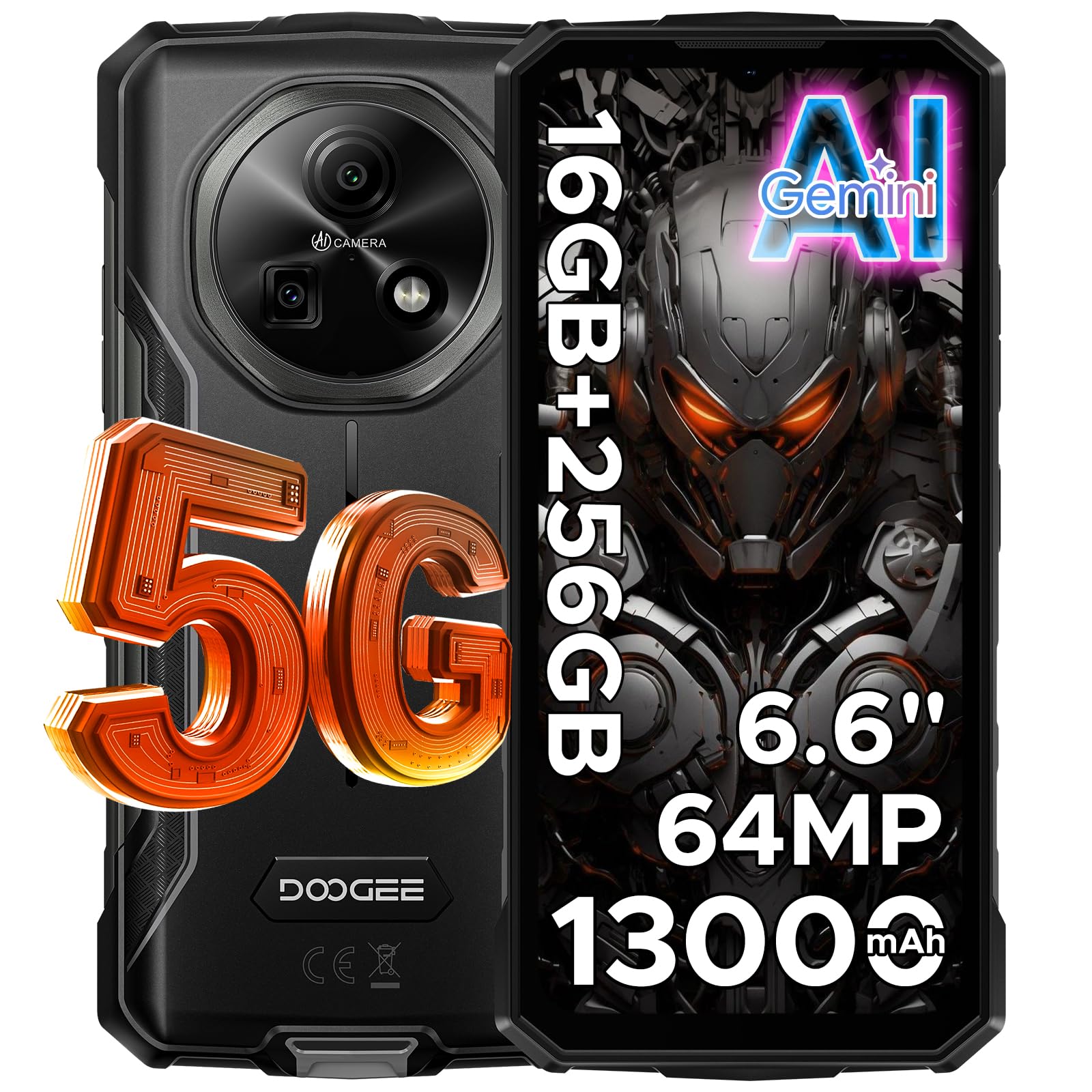 DOOGEE Fire 7 Rugged Smartphone 5G Android 15, 16GB+256GB/2TB Telefono Cellulare, 13000mAh Telefono Indistruttibile, Gemini AI 64MP+16MP Rugged Phone, MTK 6300 Octa Core/Dual SIM/NFC/GPS/IP68/BT5.2